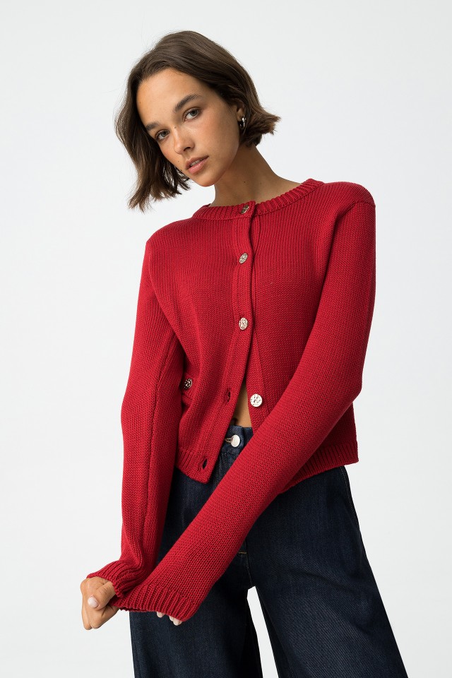Red Cardigan with Metallic Buttons