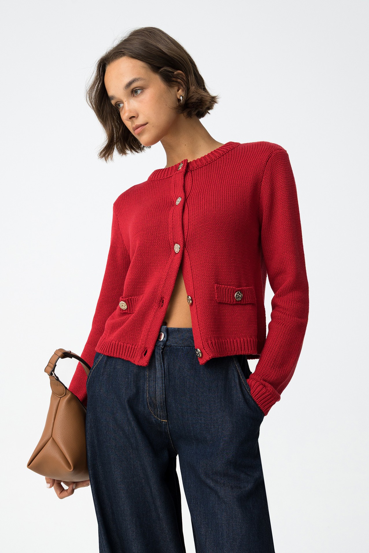 Red Cardigan with Metallic Buttons