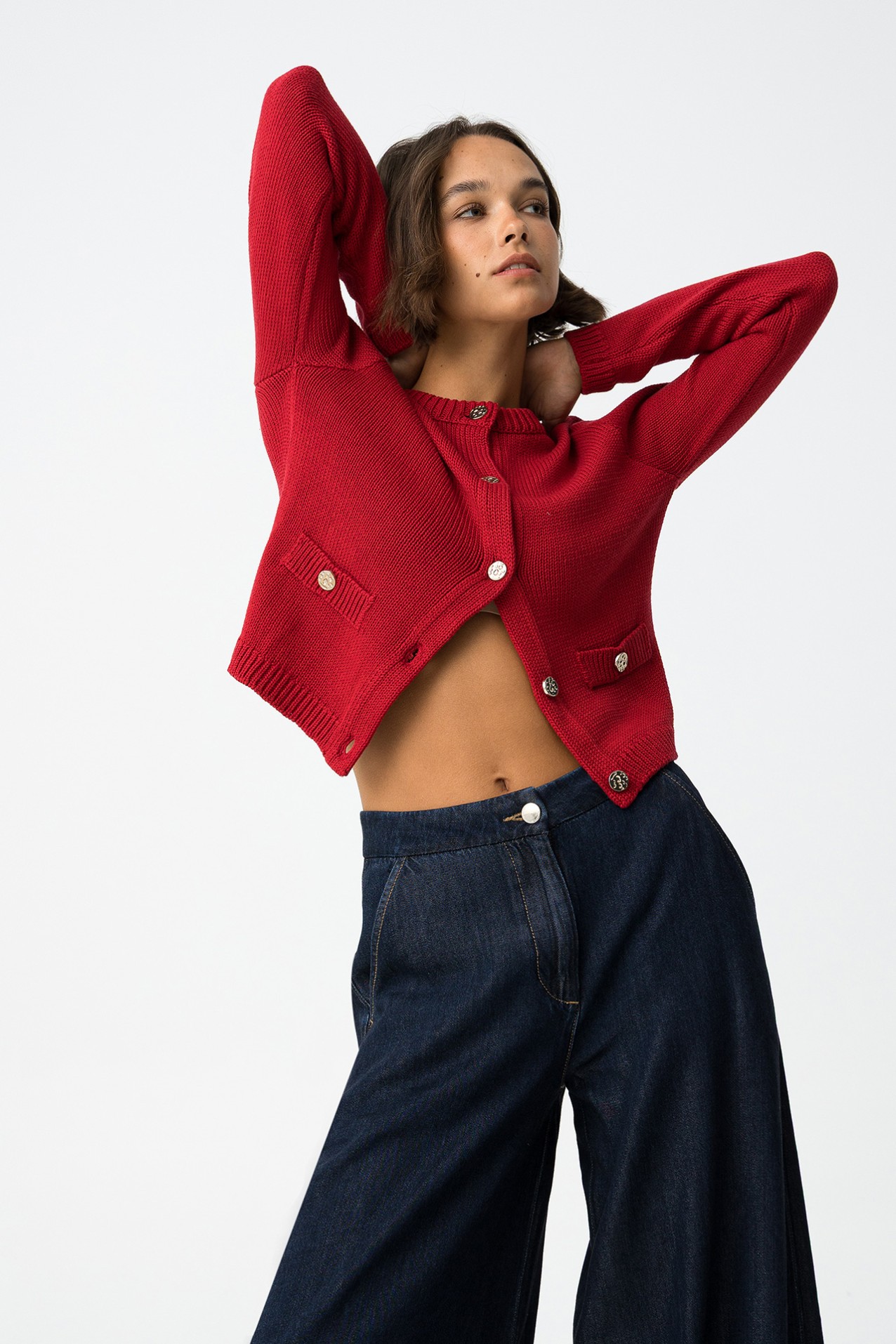 Red Cardigan with Metallic Buttons