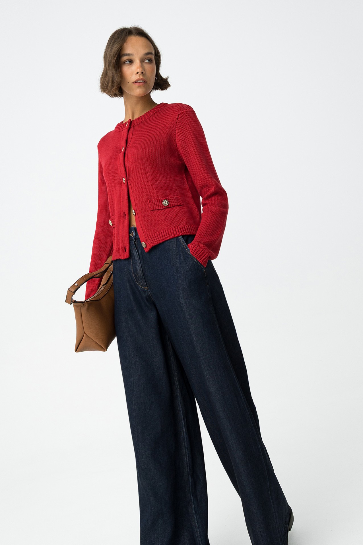 Red Cardigan with Metallic Buttons