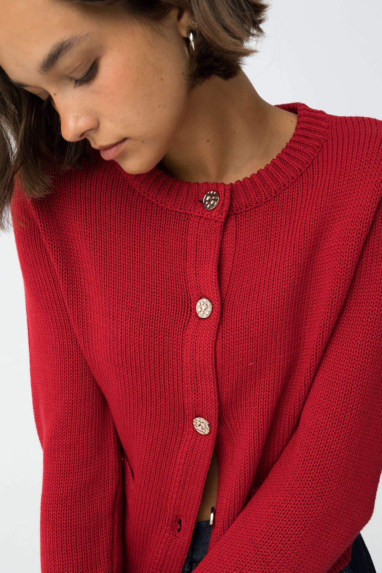 Red Cardigan with Metallic Buttons
