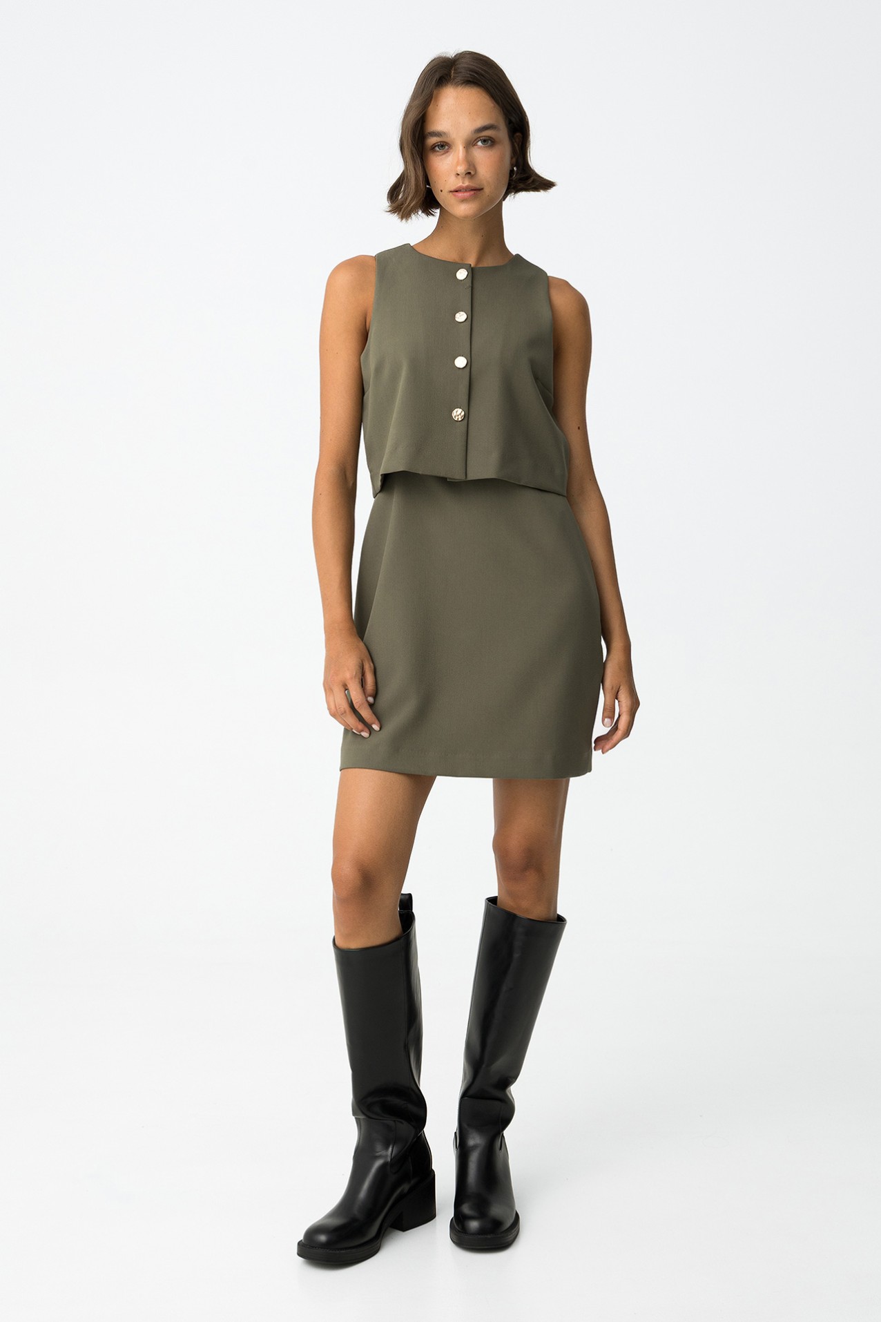 Olive Dress with Metallic Buttons