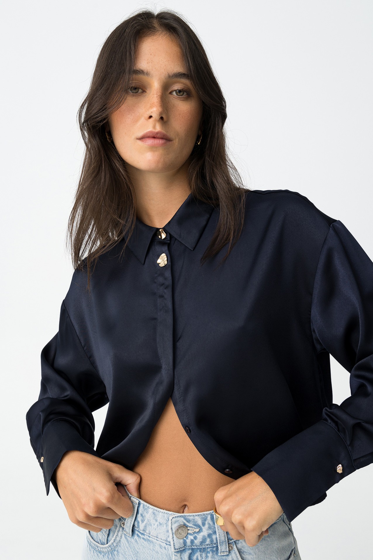 Satin Cropped Relaxed Shirt