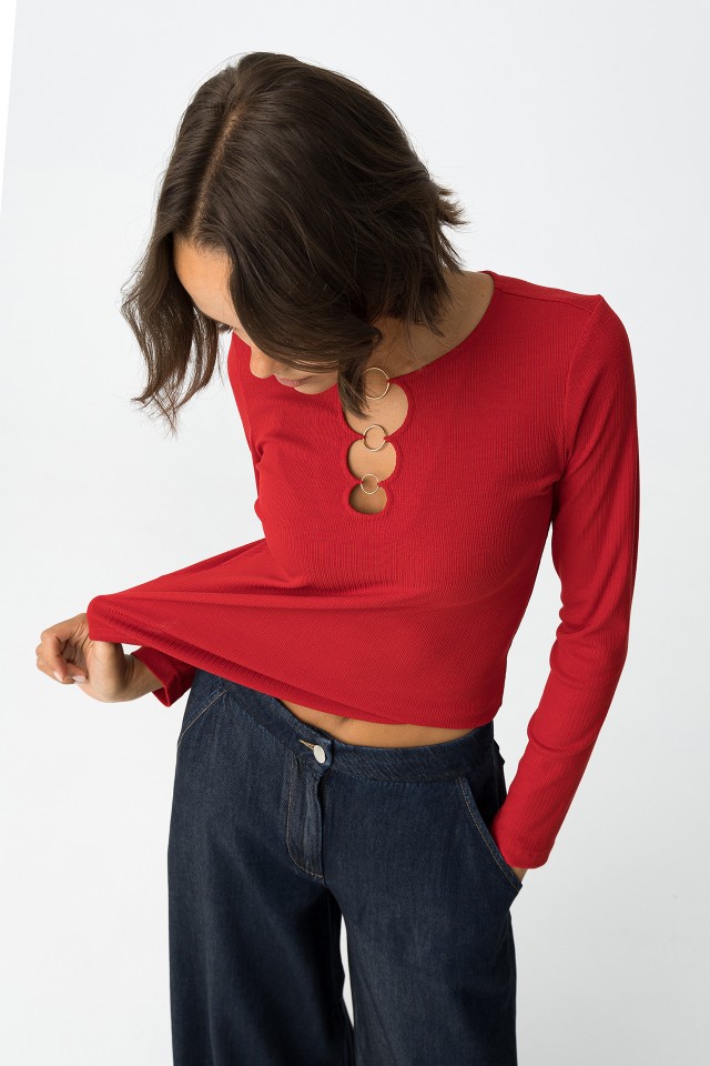 Ribbed T-Shirt with Metal Rings