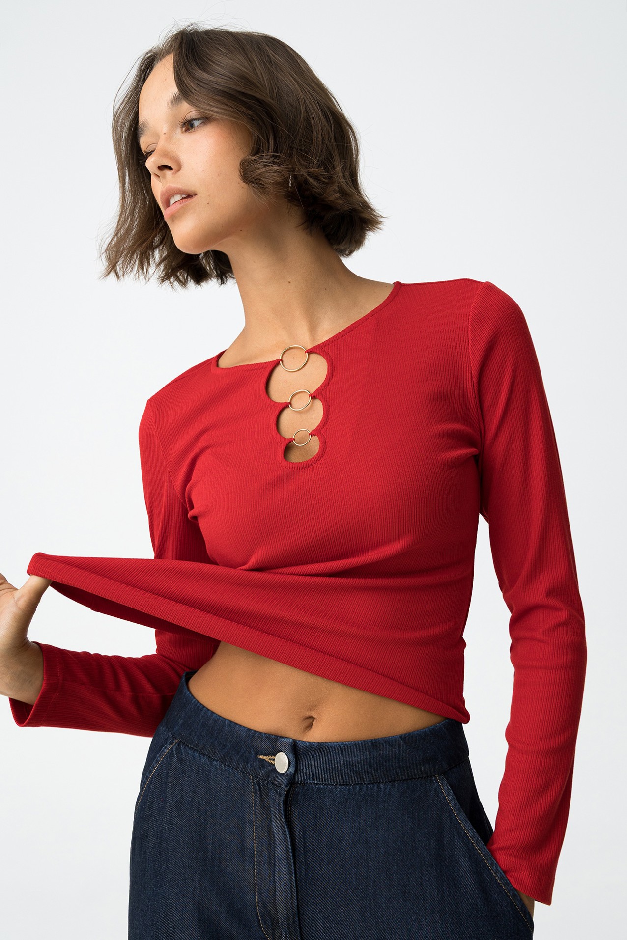 Ribbed T-Shirt with Metal Rings