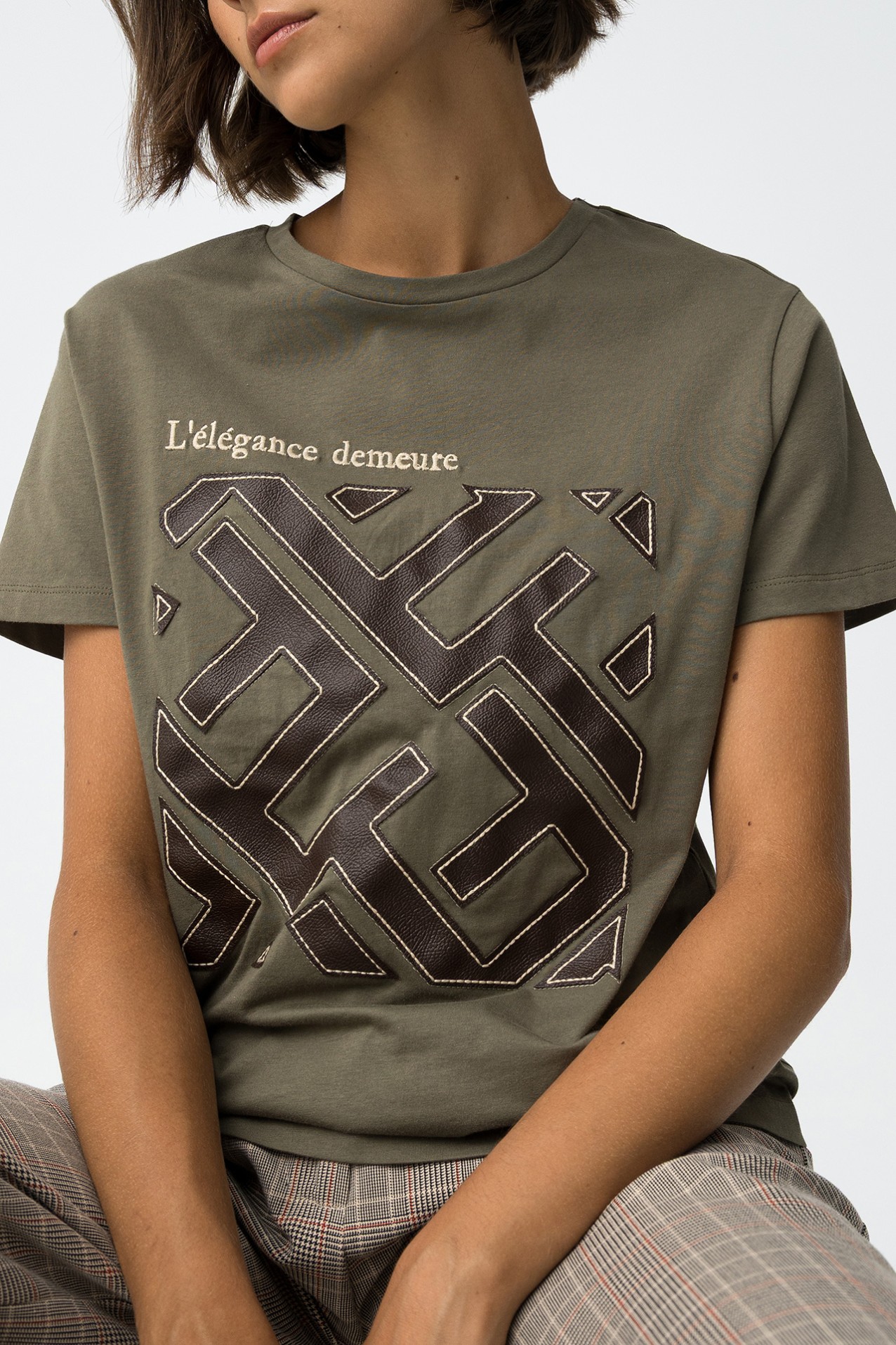 Embroidered Faux Leather T-Shirt