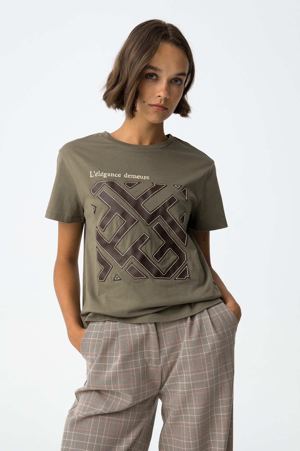 Embroidered Faux Leather T-Shirt