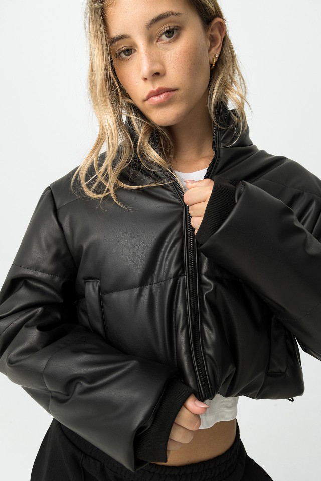 Cropped Padded Jacket Faux Leather Effect