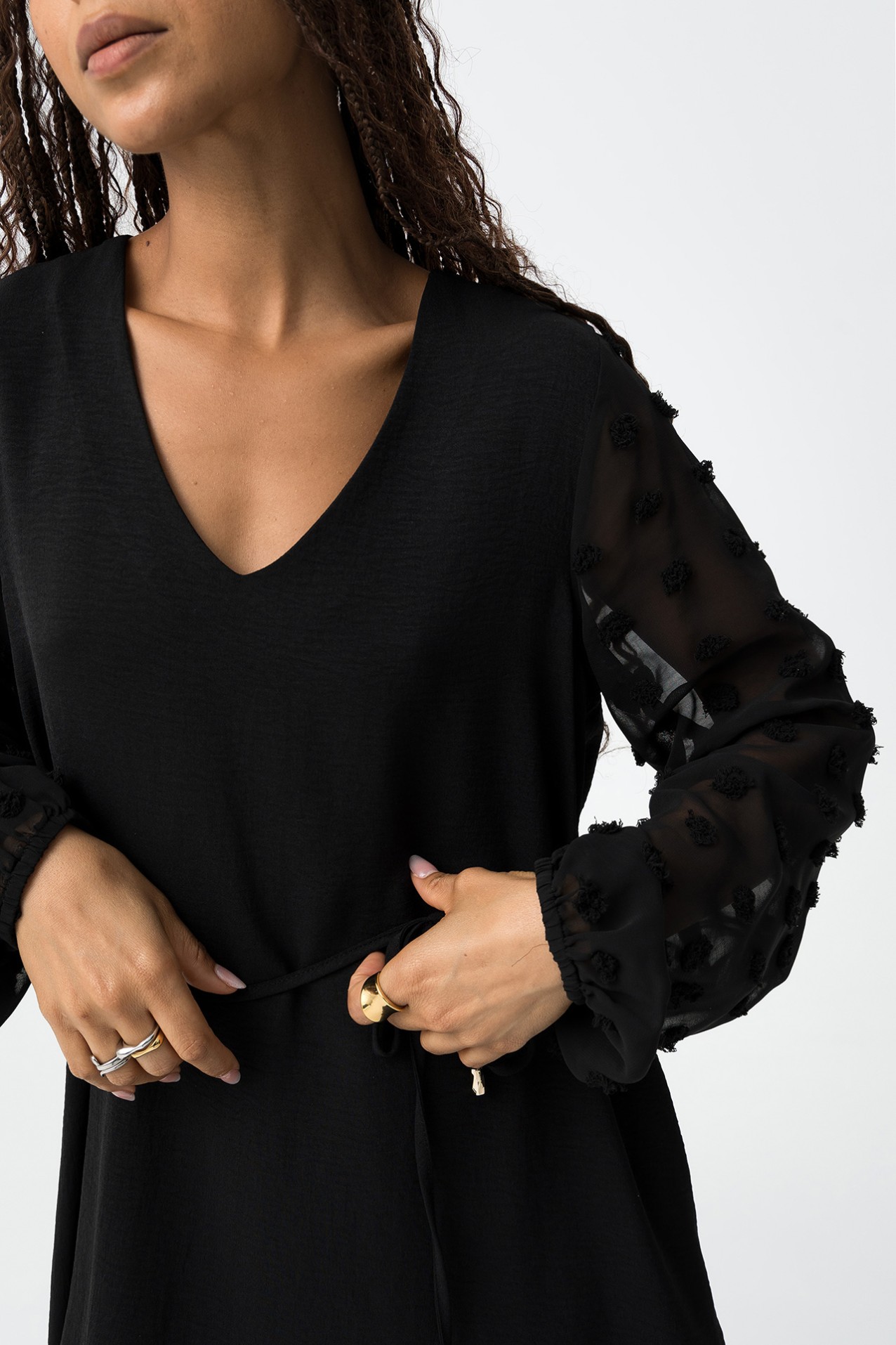 Textured Dress with Embroidered Sleeve