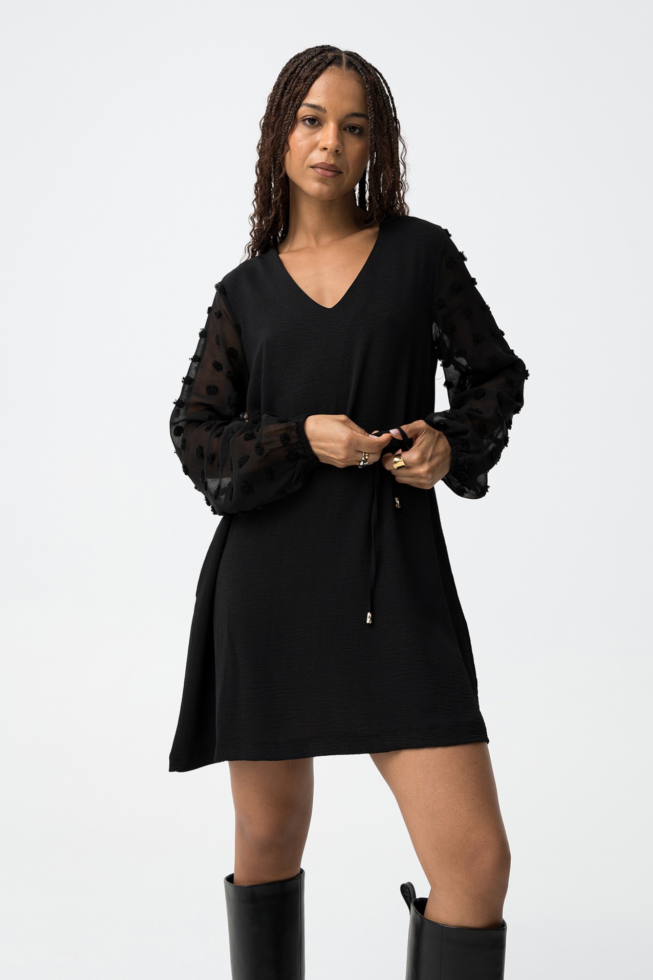 Textured Dress with Embroidered Sleeve