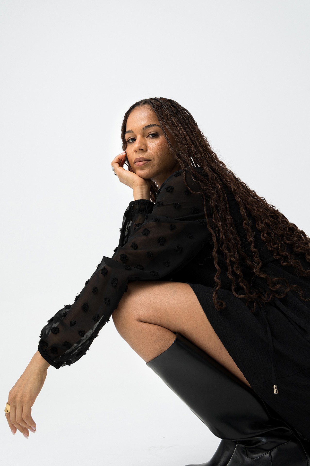 Textured Dress with Embroidered Sleeve