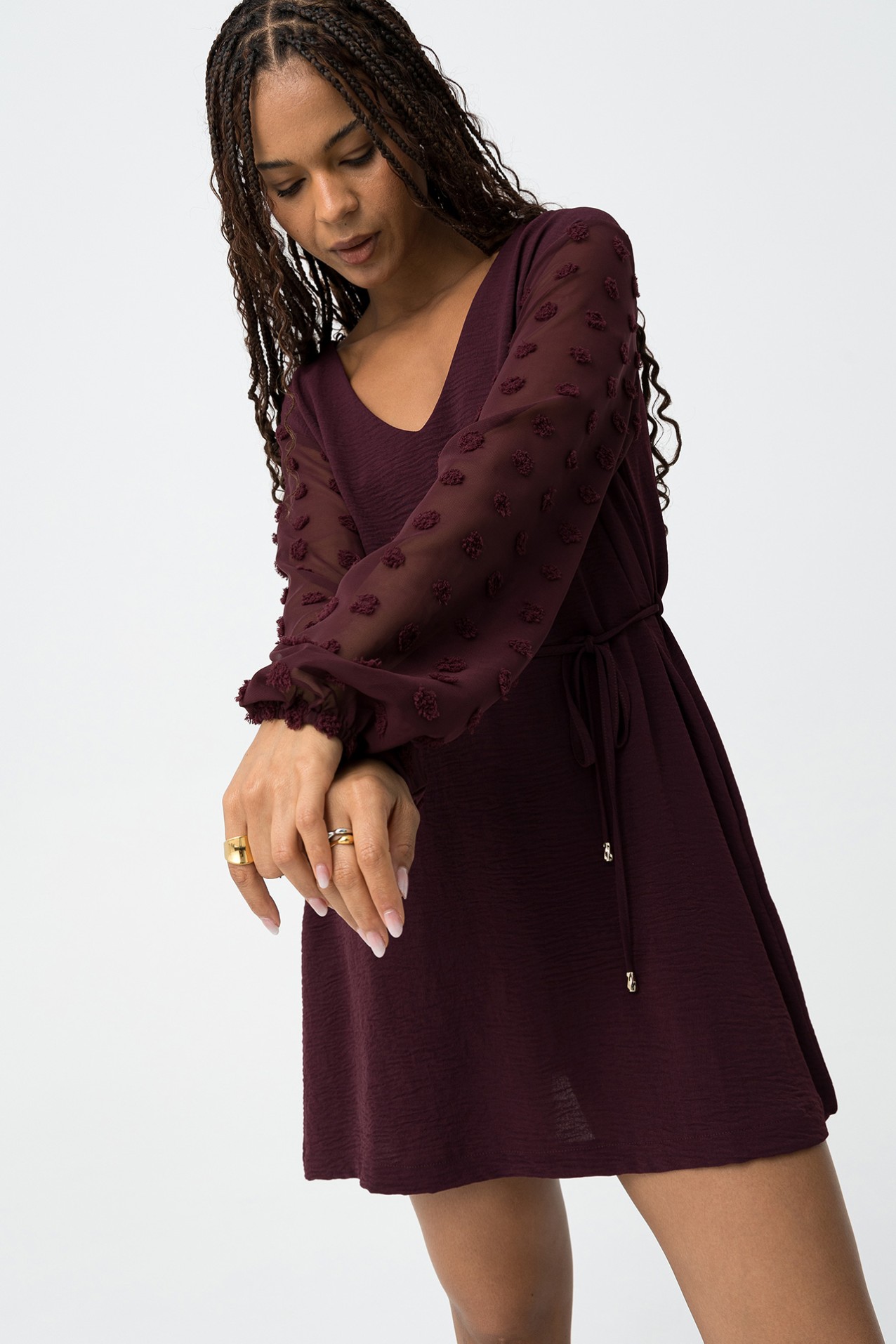 Textured Dress with Embroidered Sleeve