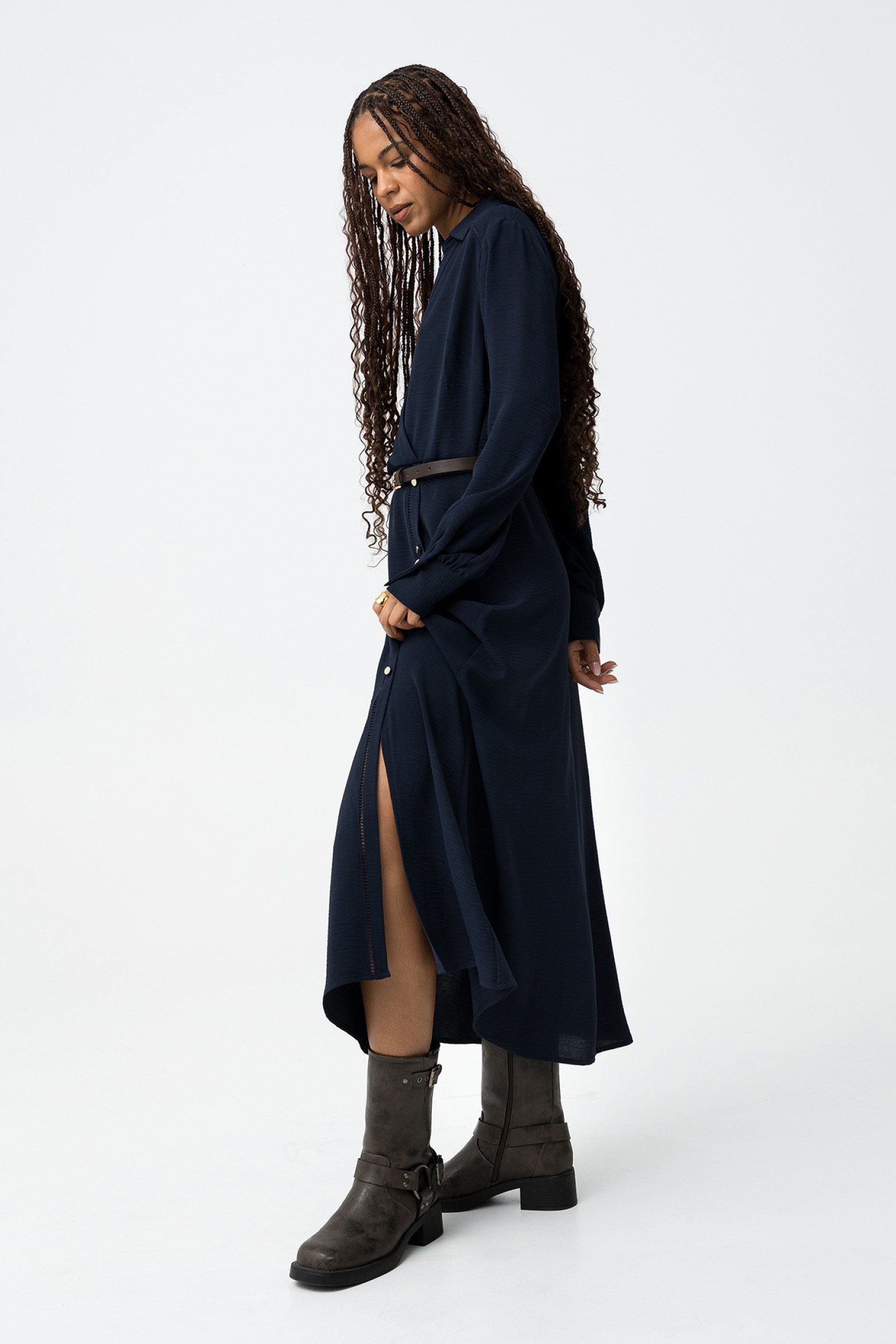 Textured Midi Dress with Belt