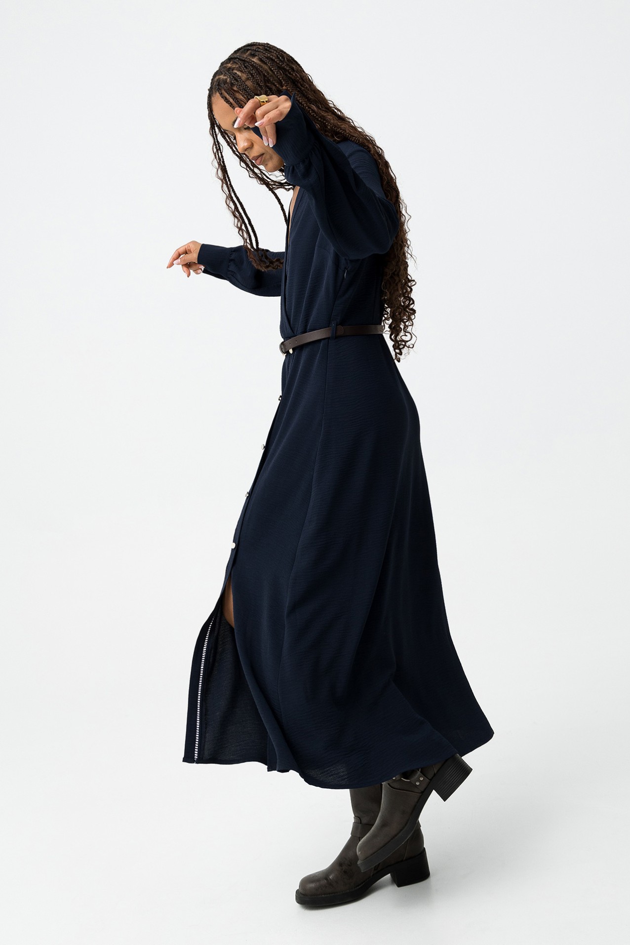 Textured Midi Dress with Belt