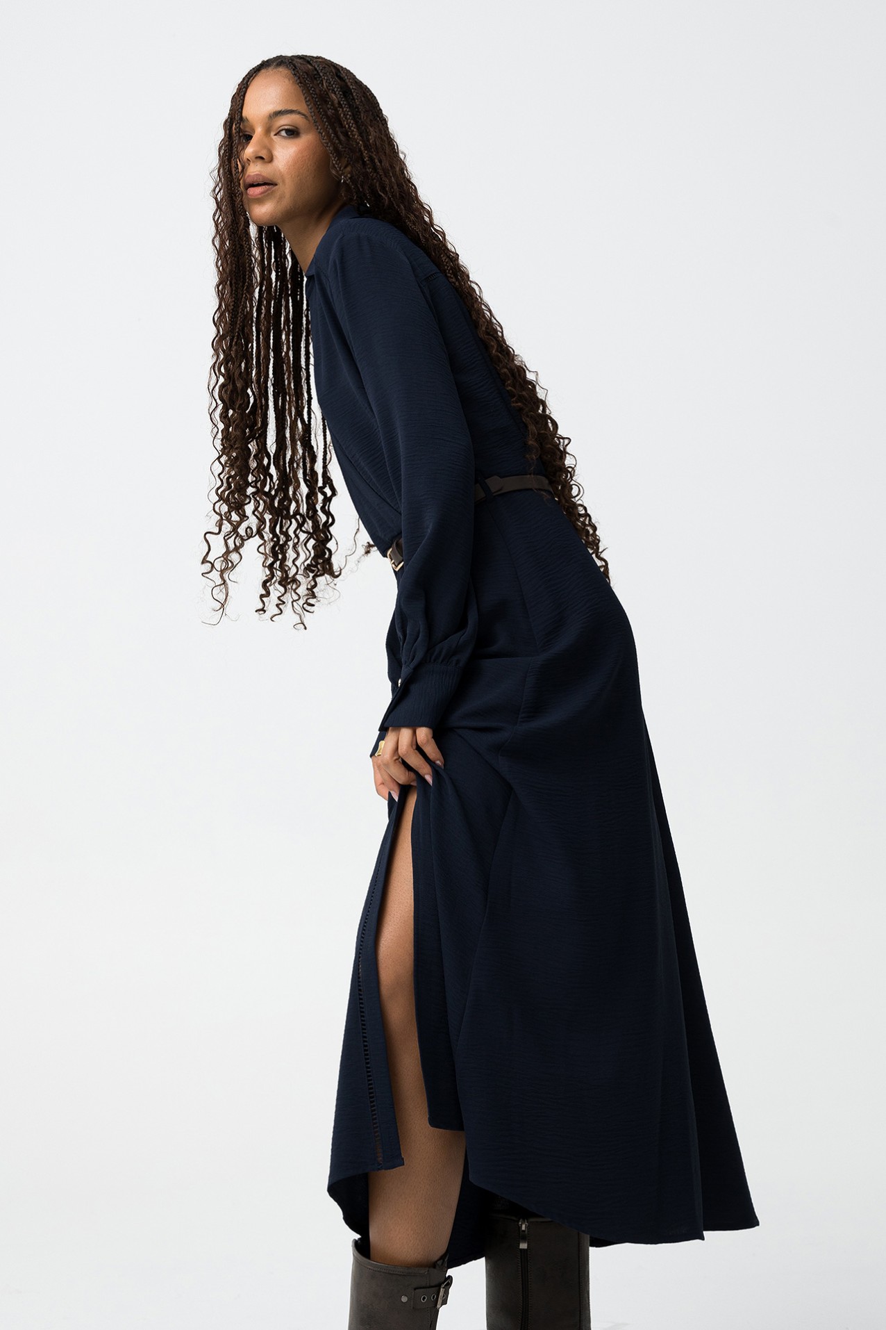 Textured Midi Dress with Belt