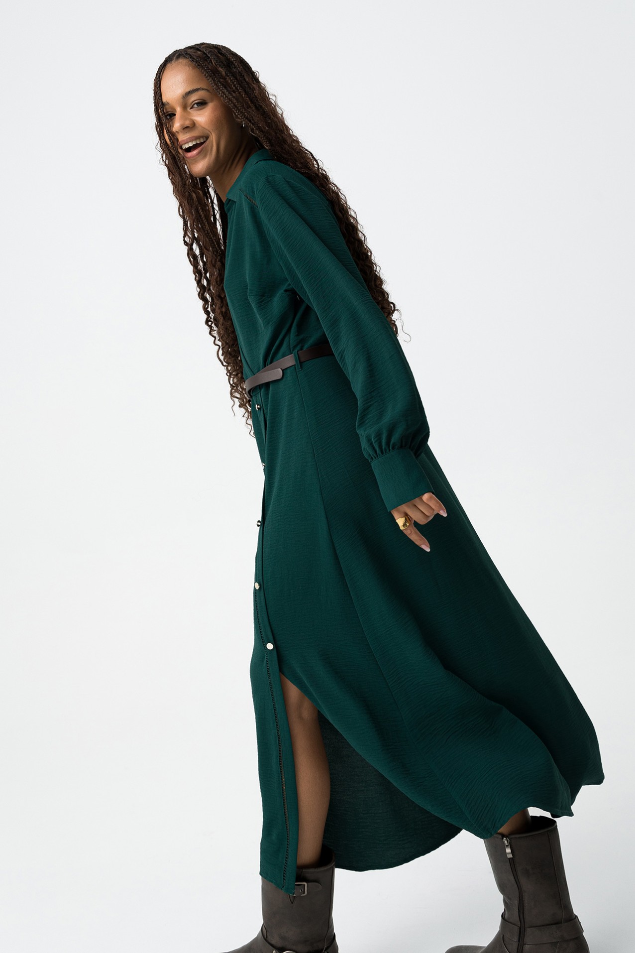 Textured Midi Dress with Belt