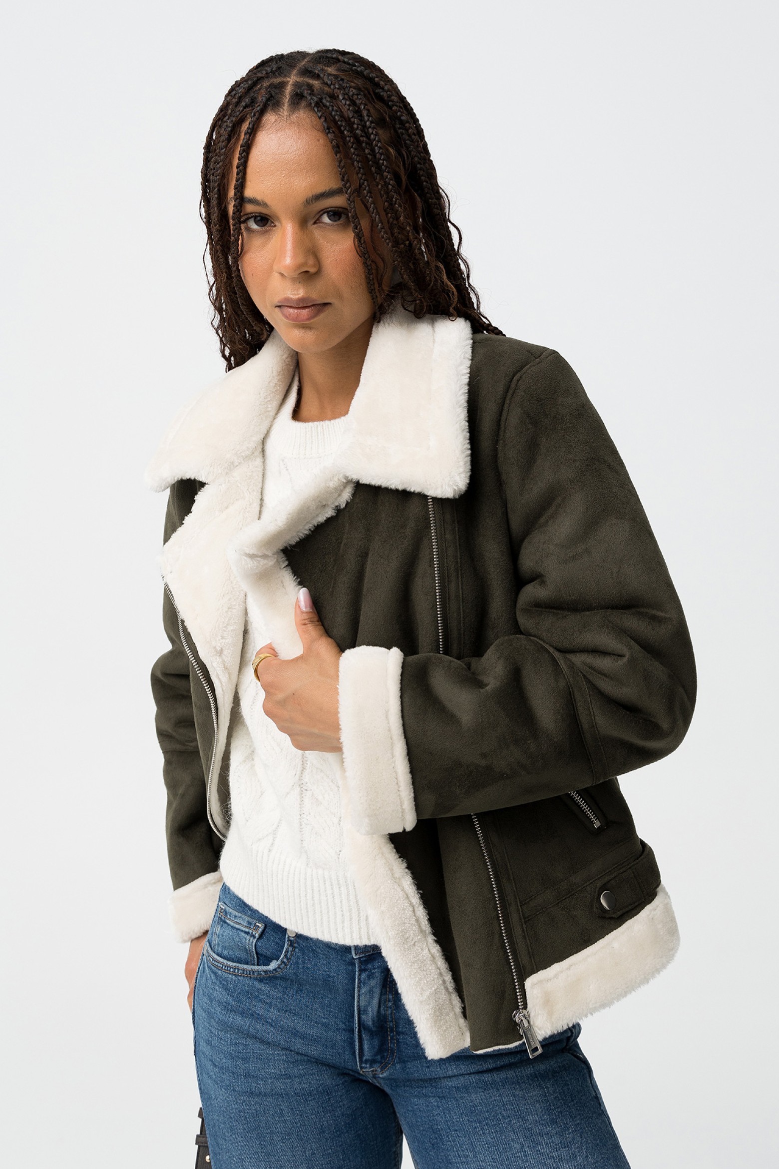 Combined Suede-Effect Coat