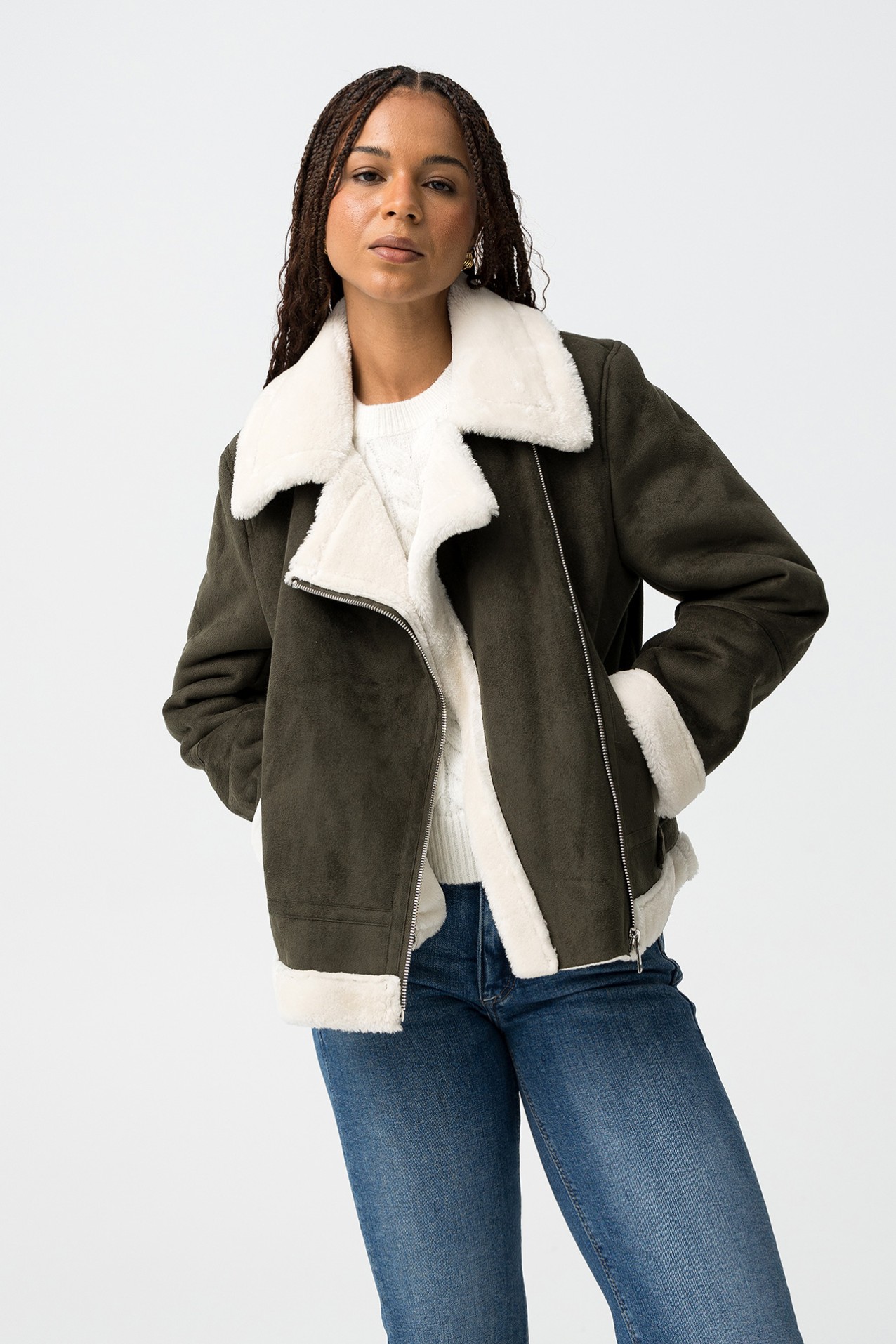 Combined Suede-Effect Coat