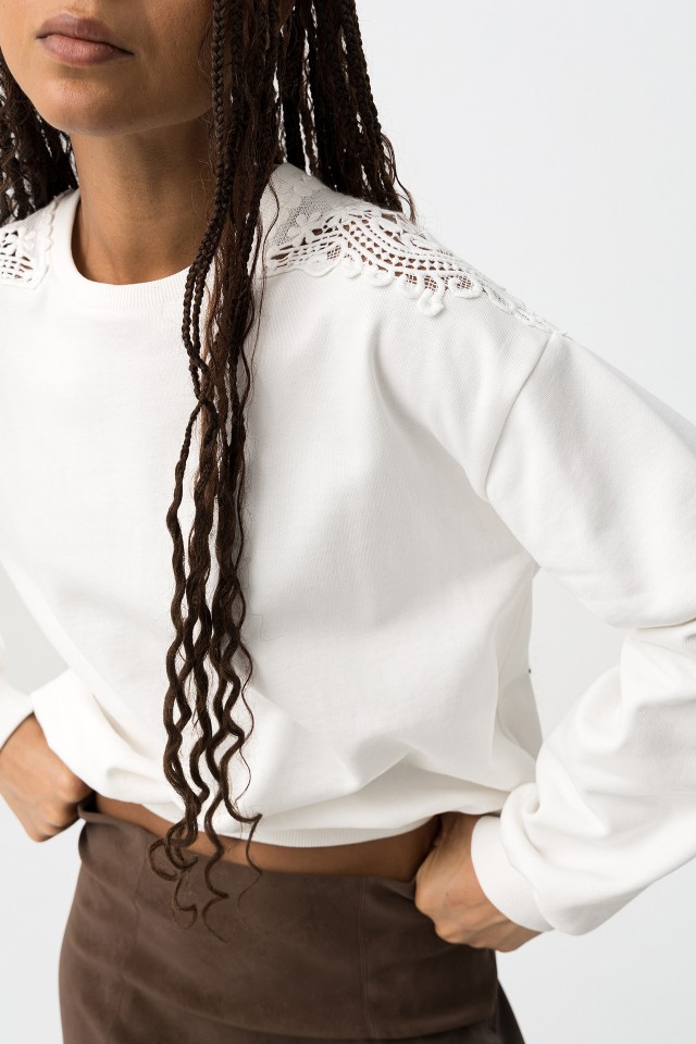 White Lace Shoulder Sweatshirt