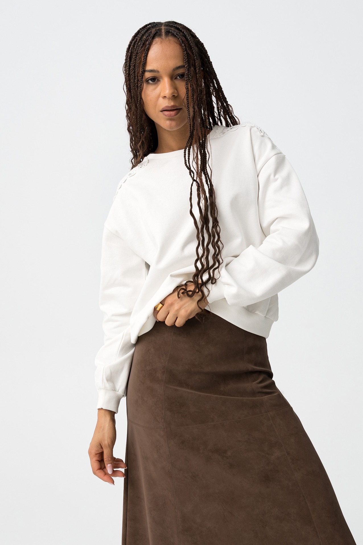 White Lace Shoulder Sweatshirt