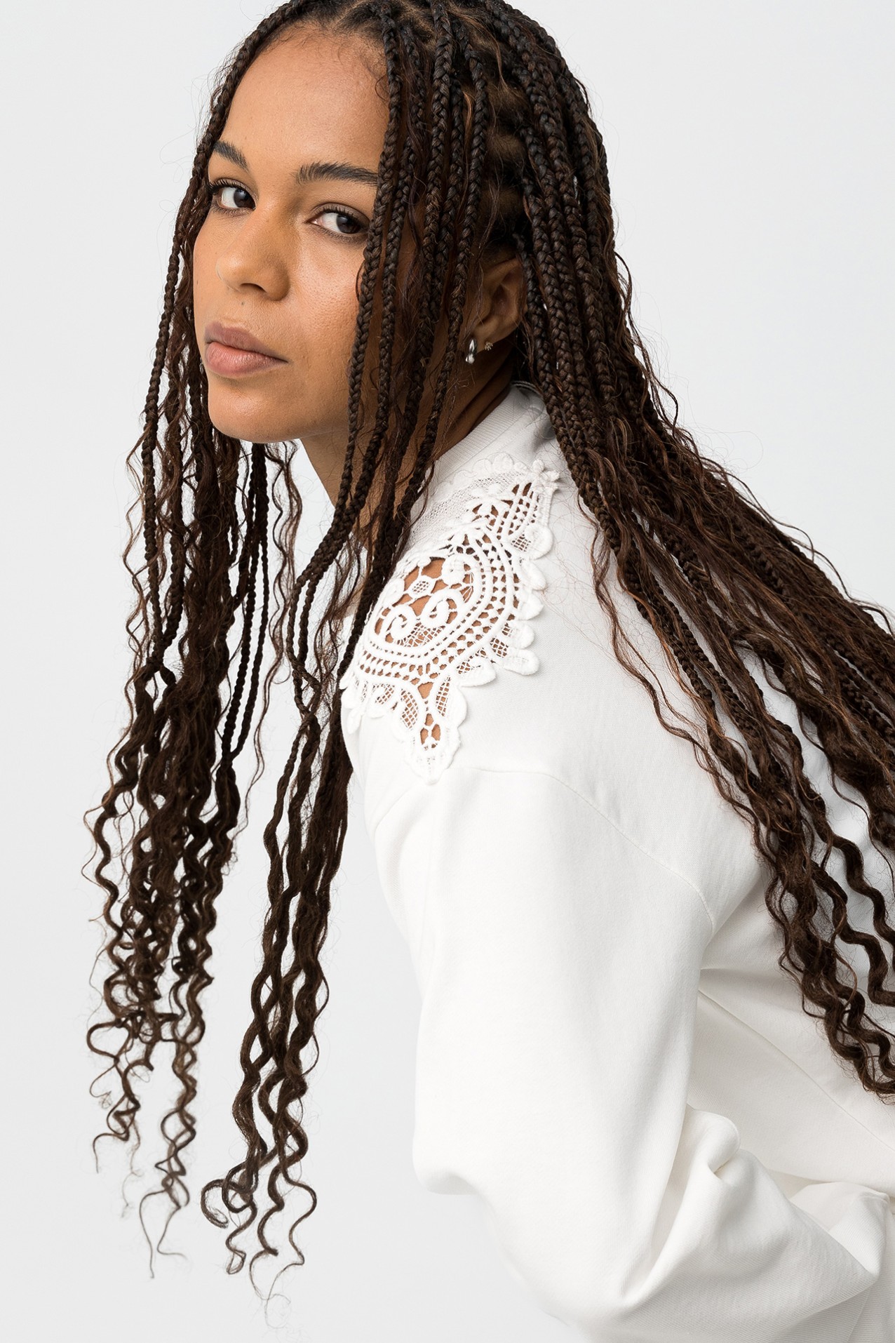 White Lace Shoulder Sweatshirt