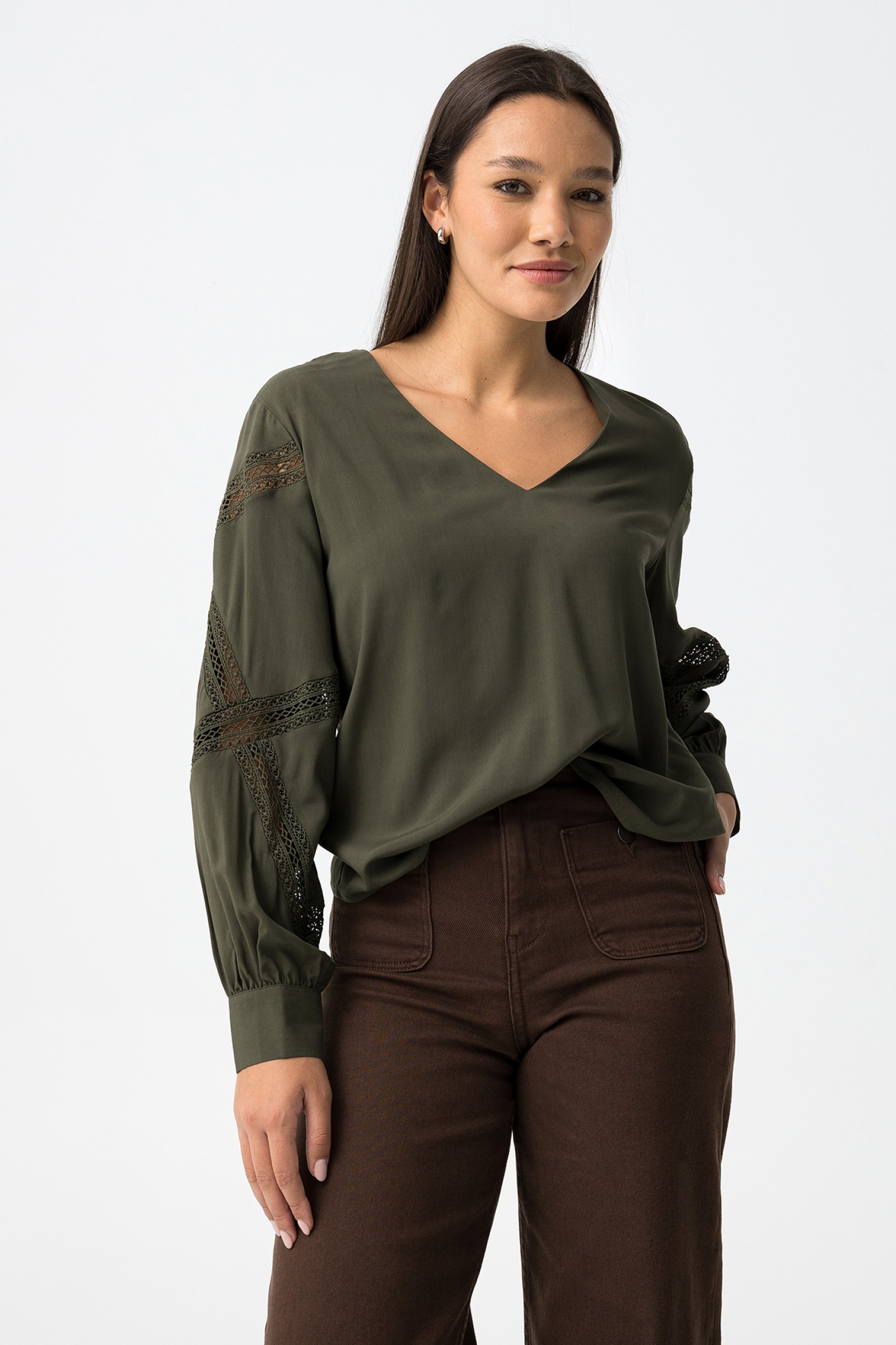 Blouse with lace inserts