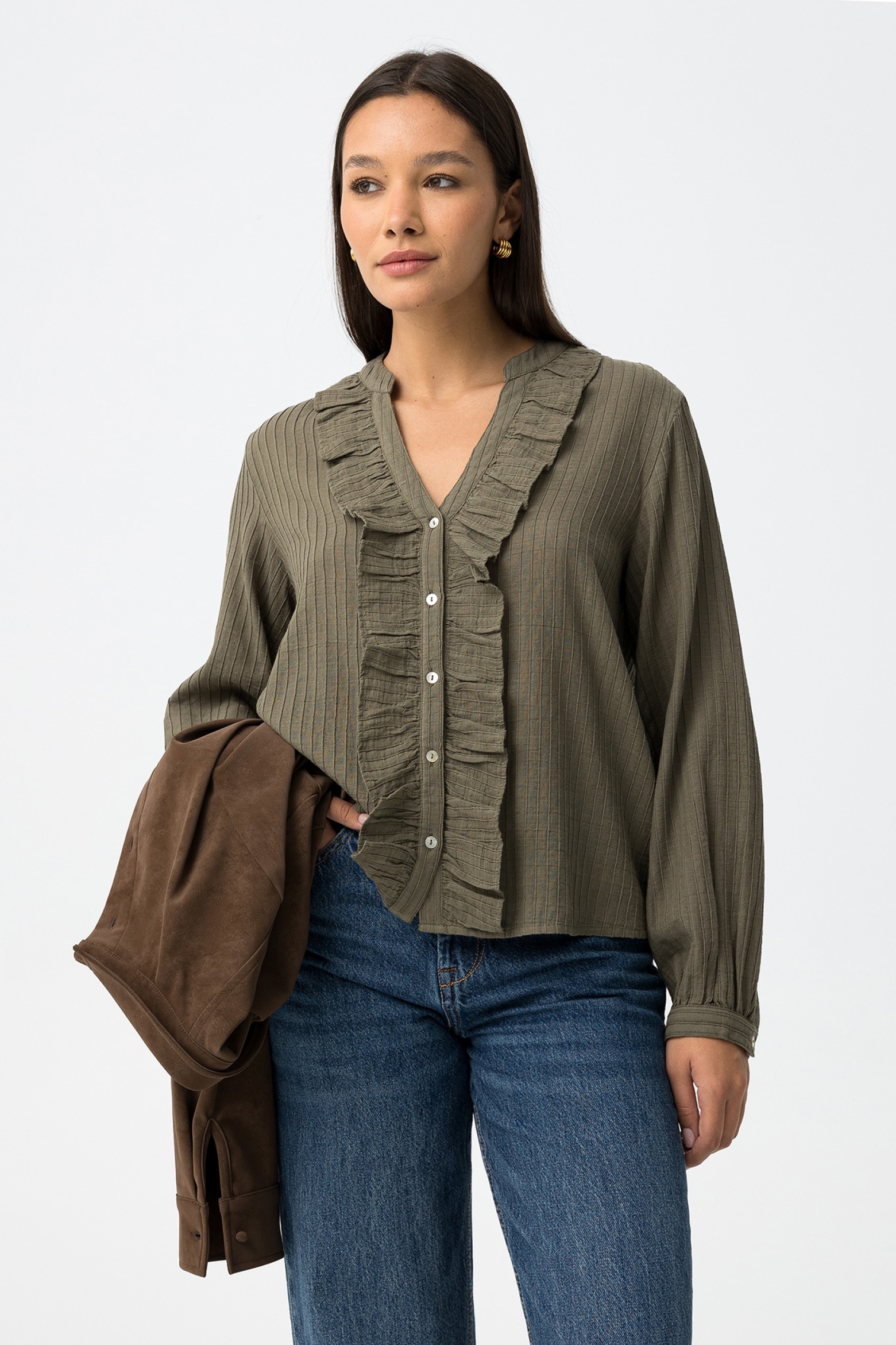 Green Ruffled Long Sleeve Shirt