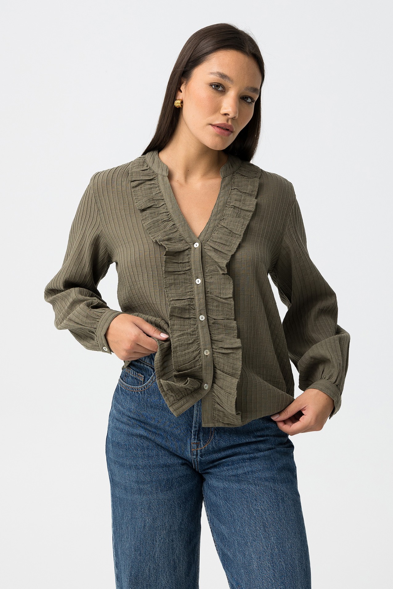 Green Ruffled Long Sleeve Shirt