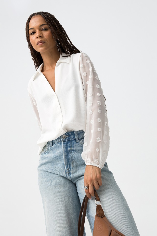 Shirt with Embroidered Balloon Sleeves