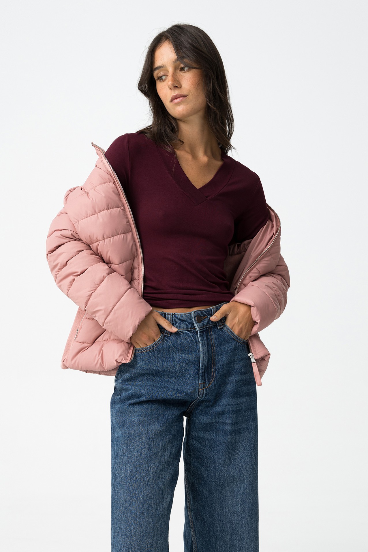 Casaco acolchoado rosa feminino