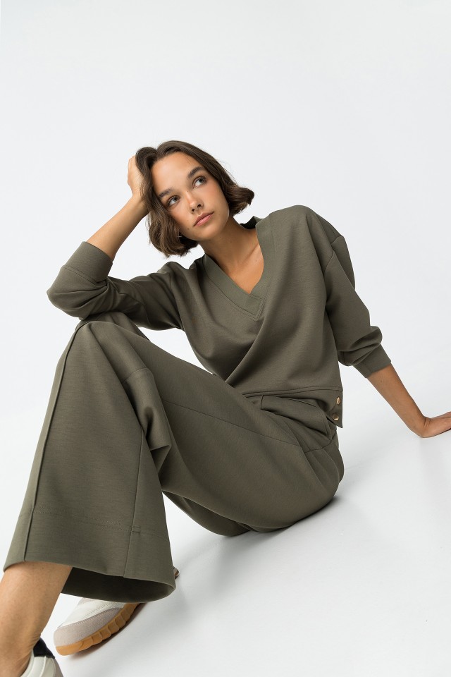 Khaki V-Neck Sweatshirt