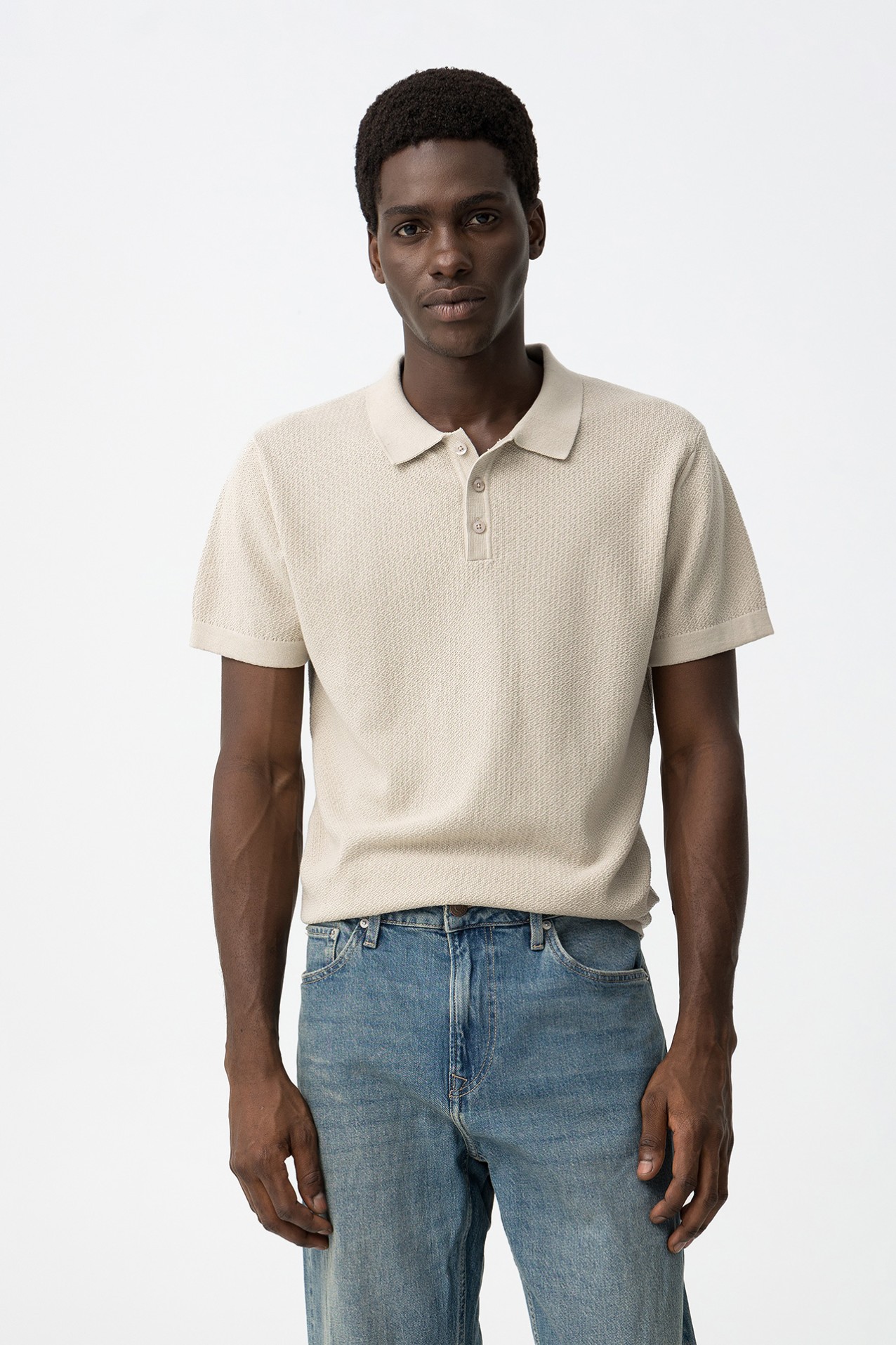 Beige Knit Short Sleeve Shirt