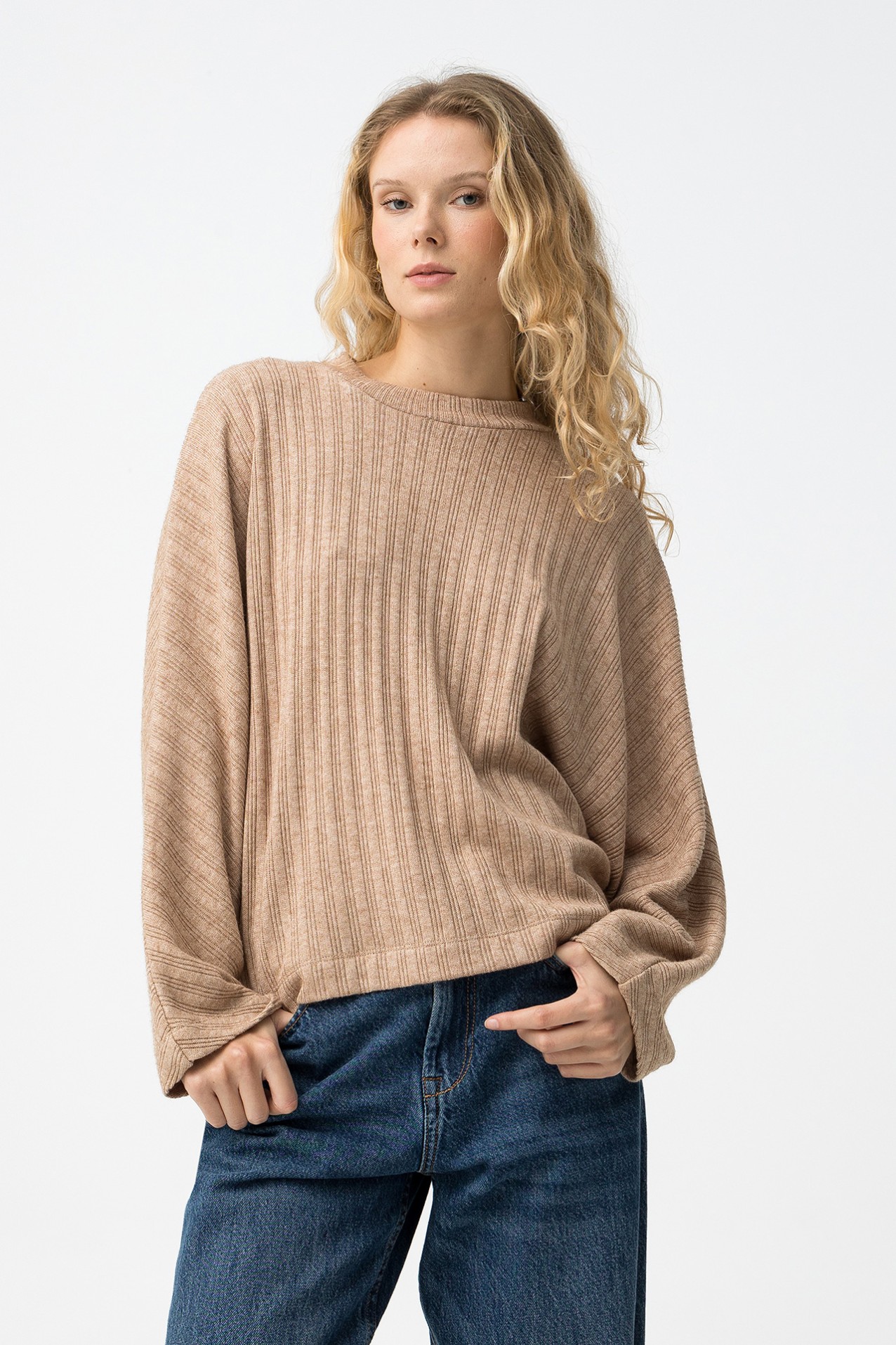 Beige Ribbed Long Sleeve Tee