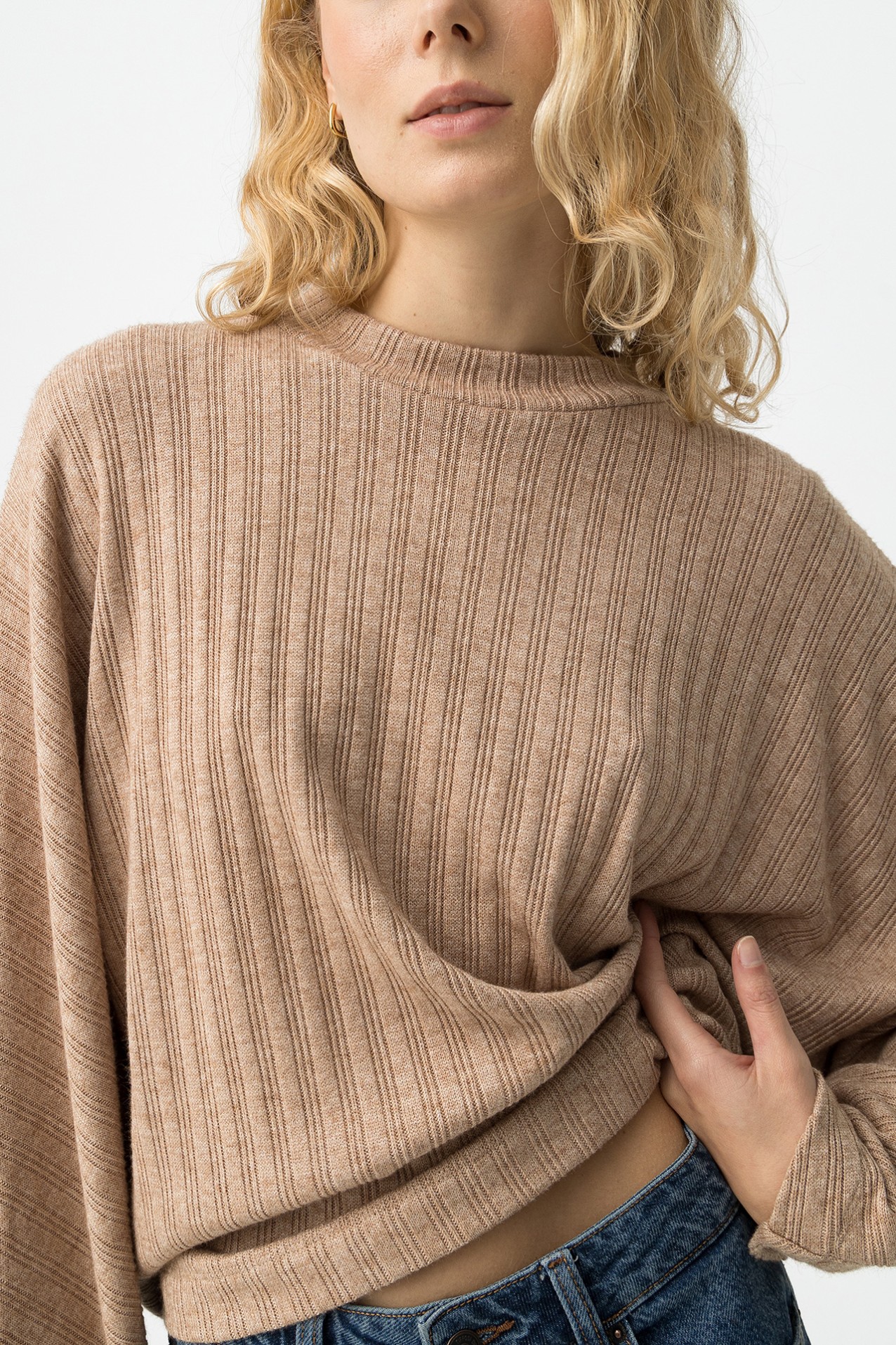 Beige Ribbed Long Sleeve Tee
