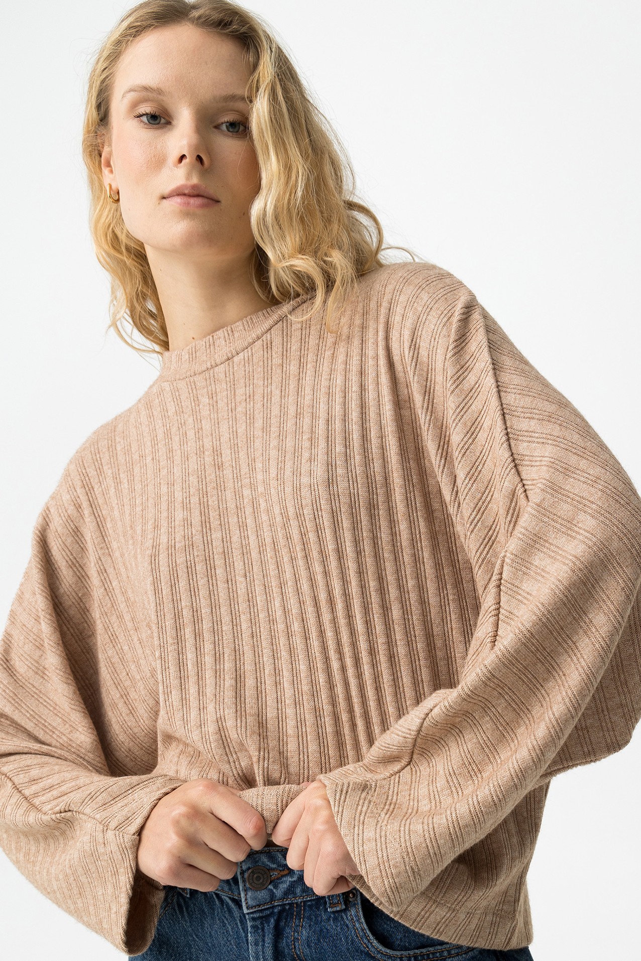 Beige Ribbed Long Sleeve Tee