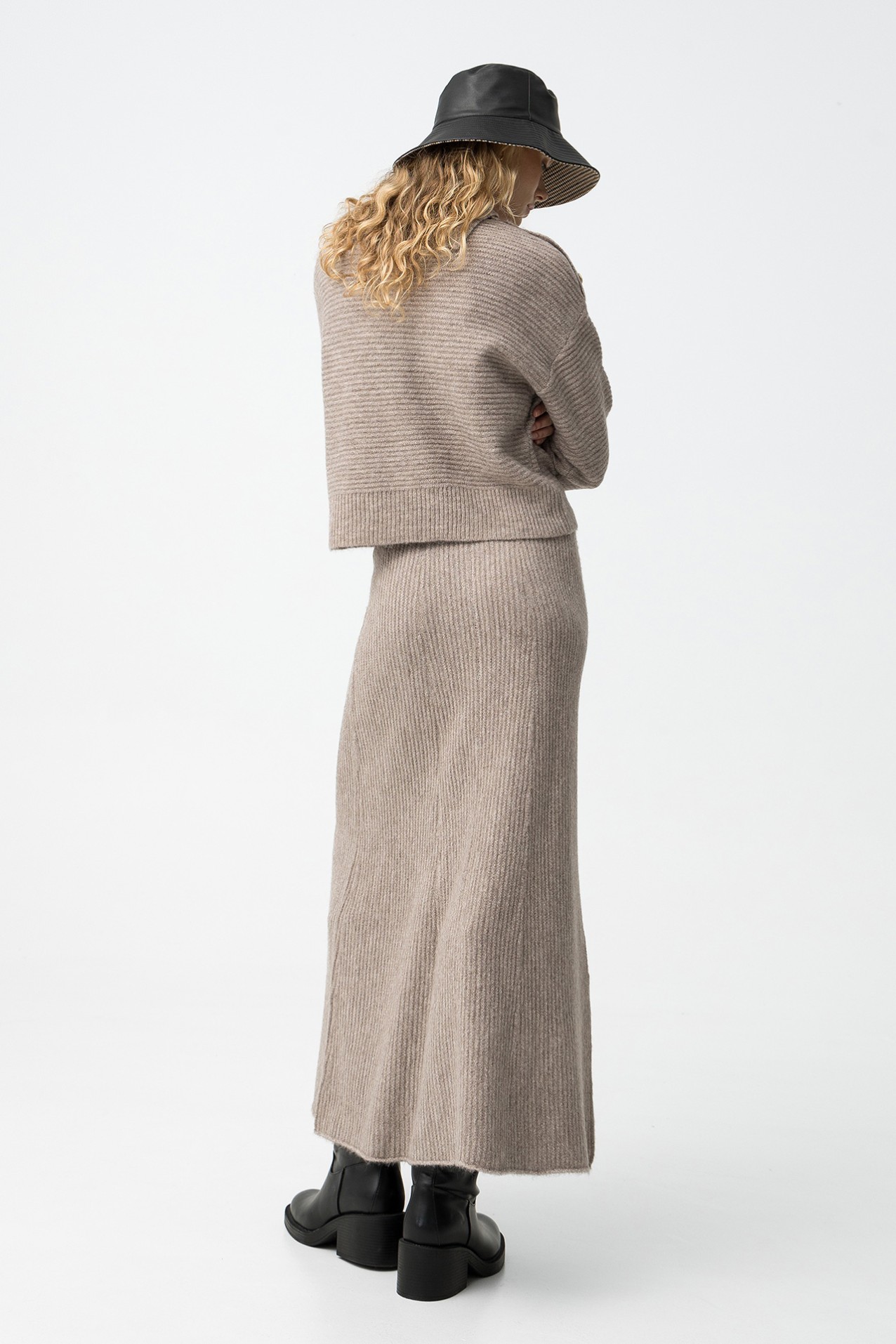 Beige Ribbed Midi Skirt