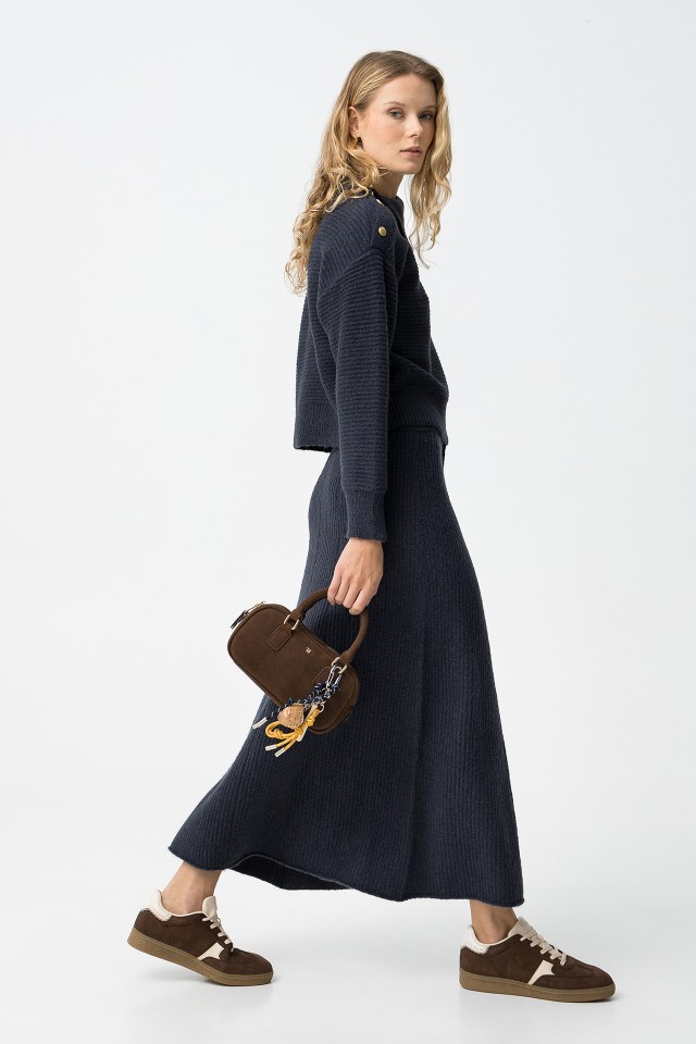 Navy Ribbed Midi Skirt