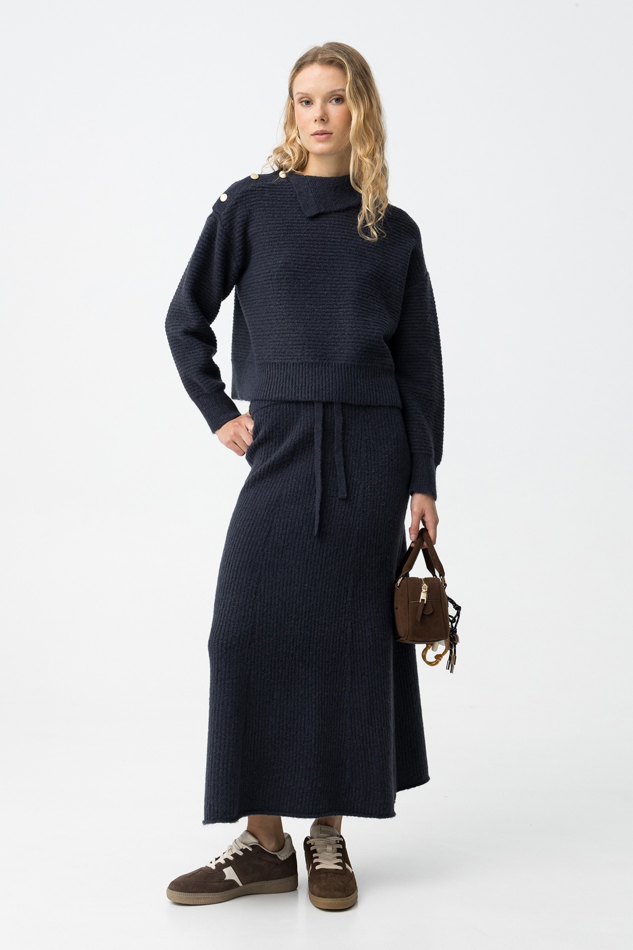 Navy Ribbed Midi Skirt
