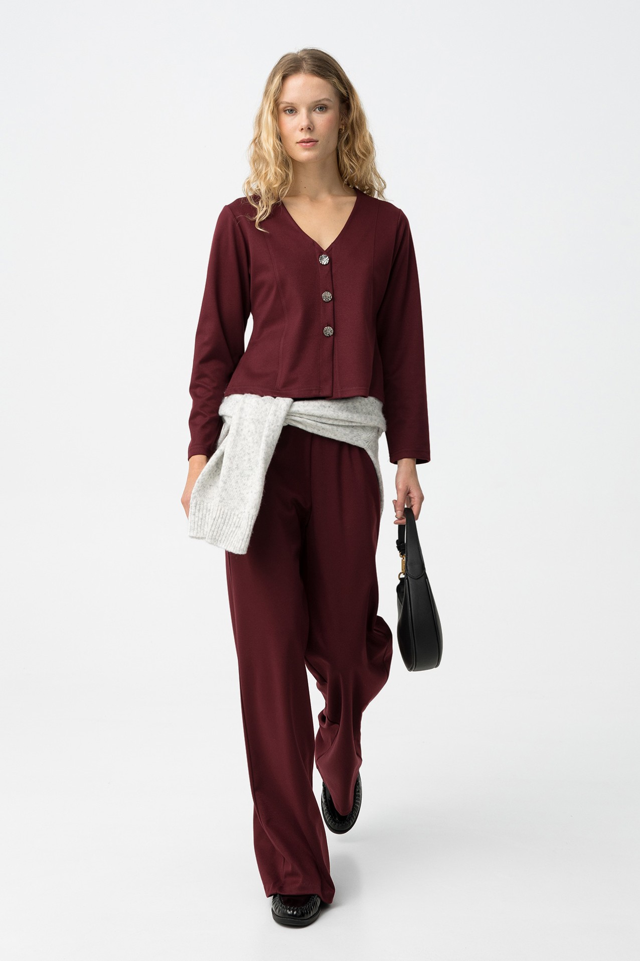 V-neck Burgundy Long Sleeve