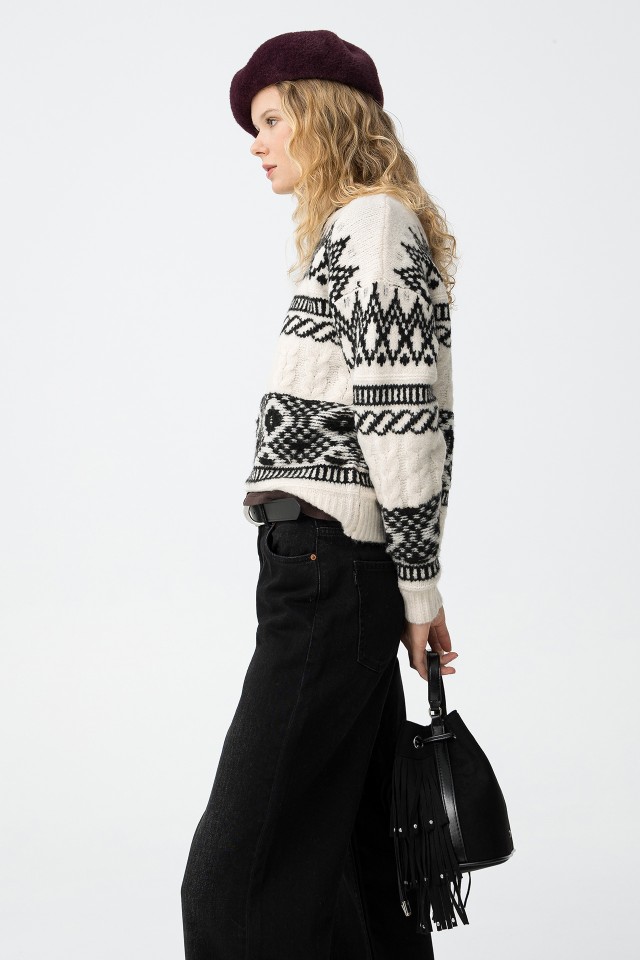 Beige Geometric Knit Sweater