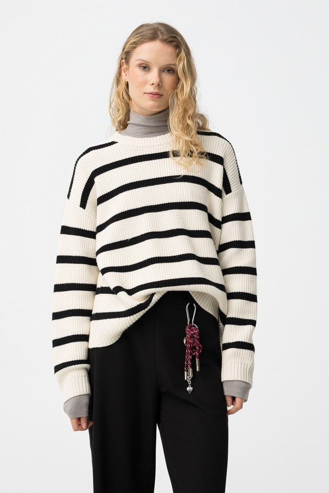 Beige Striped Knit Sweater