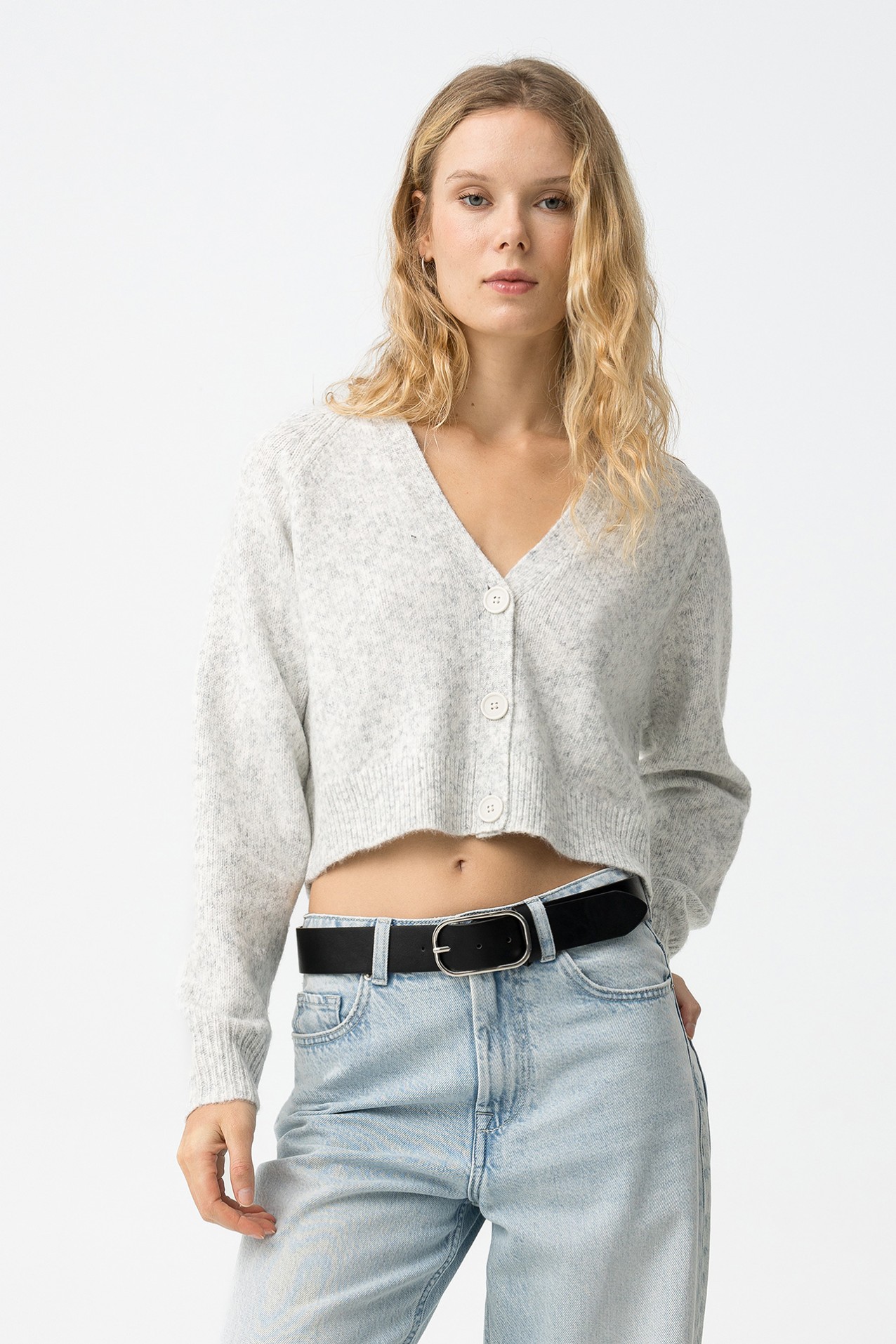 Cropped Grey Melange Cardigan