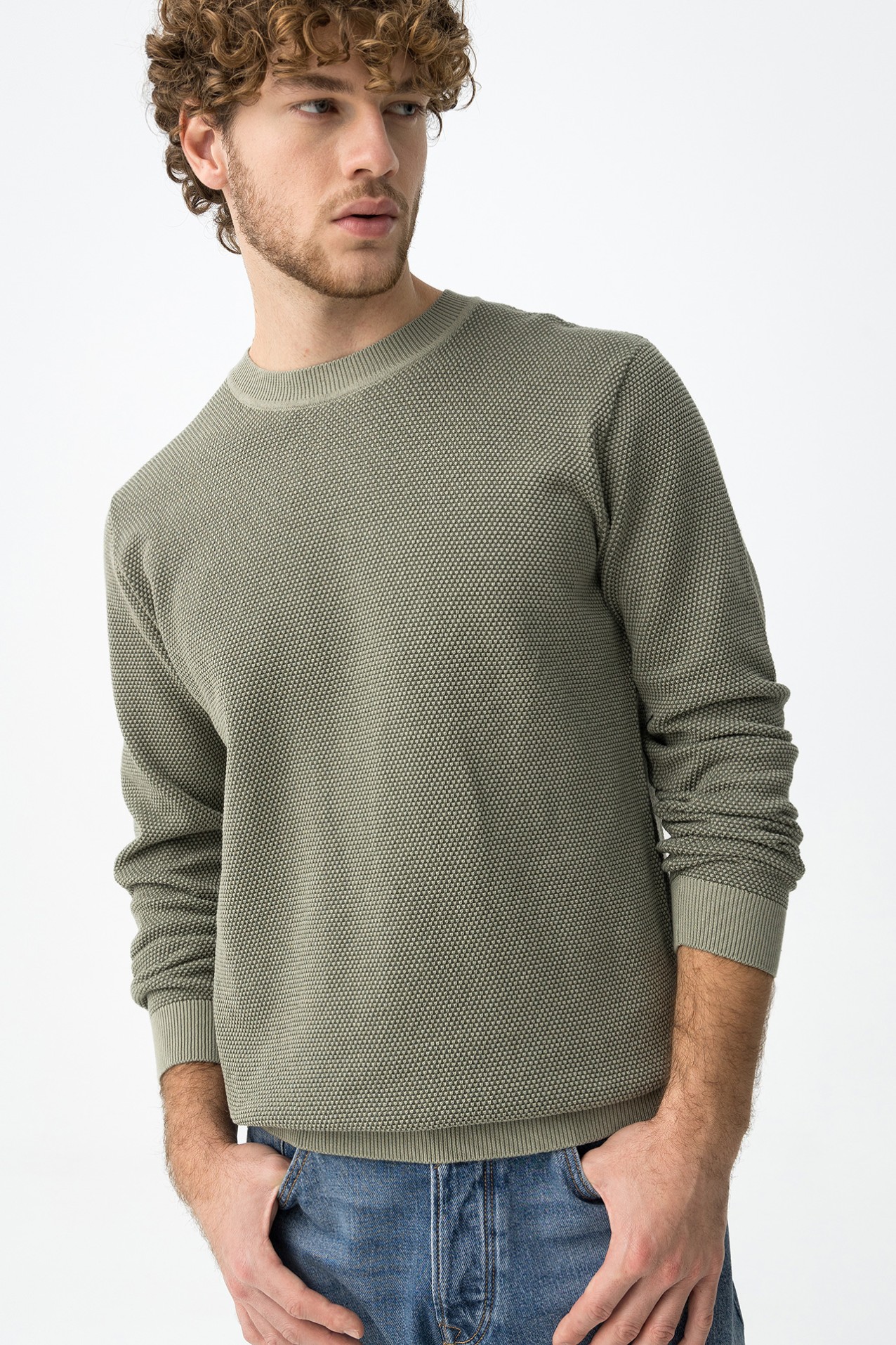 Green Textured Knit Sweater
