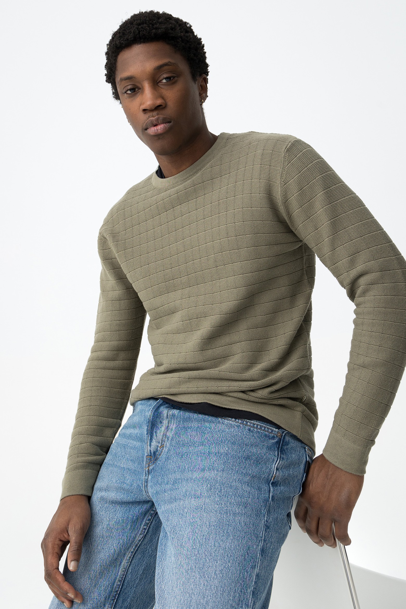 Green Textured Knit Sweater