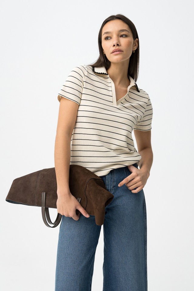 Beige Striped Short Sleeve Tee