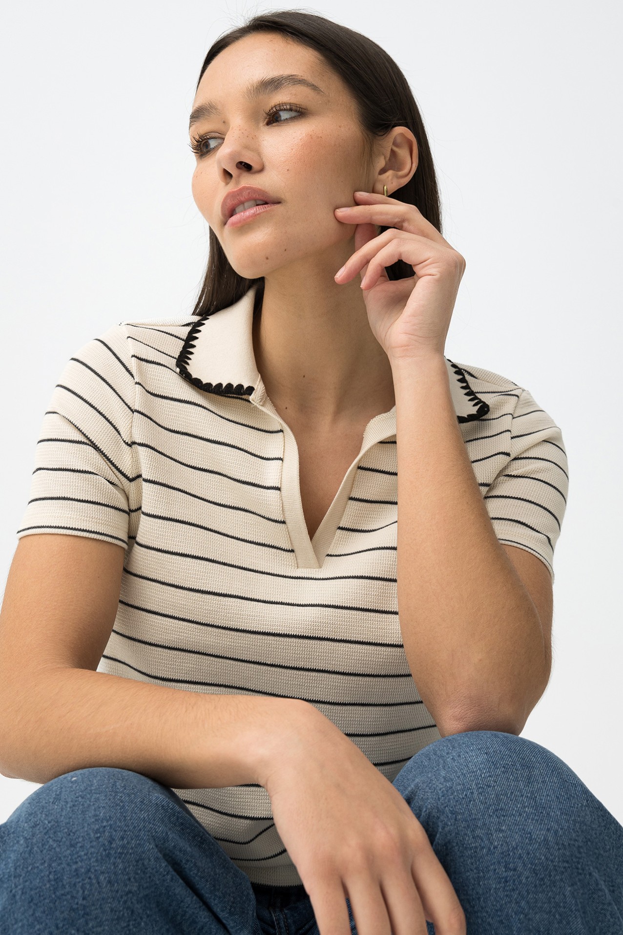 Beige Striped Short Sleeve Tee