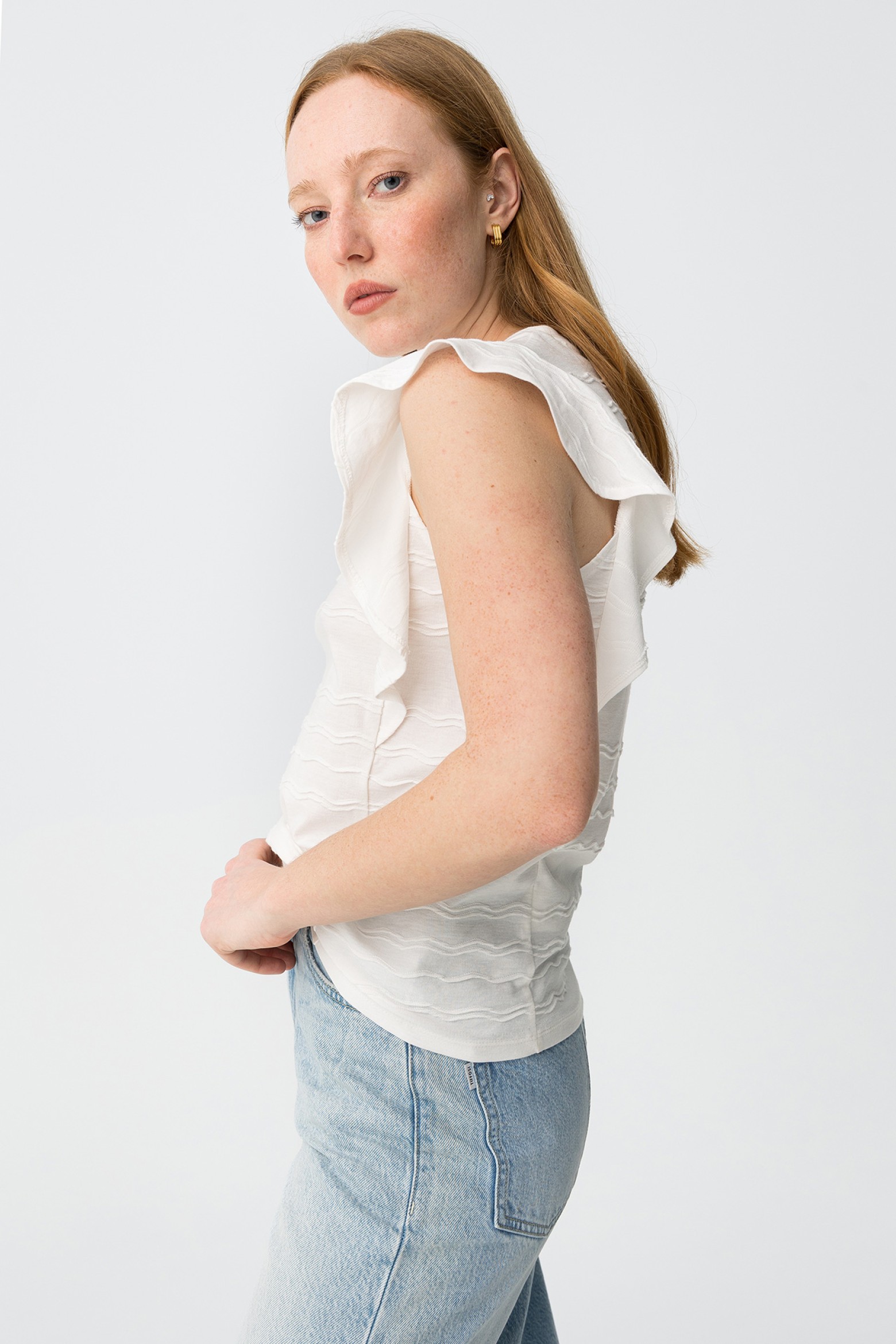 White Slim Fit Ruffle Tee