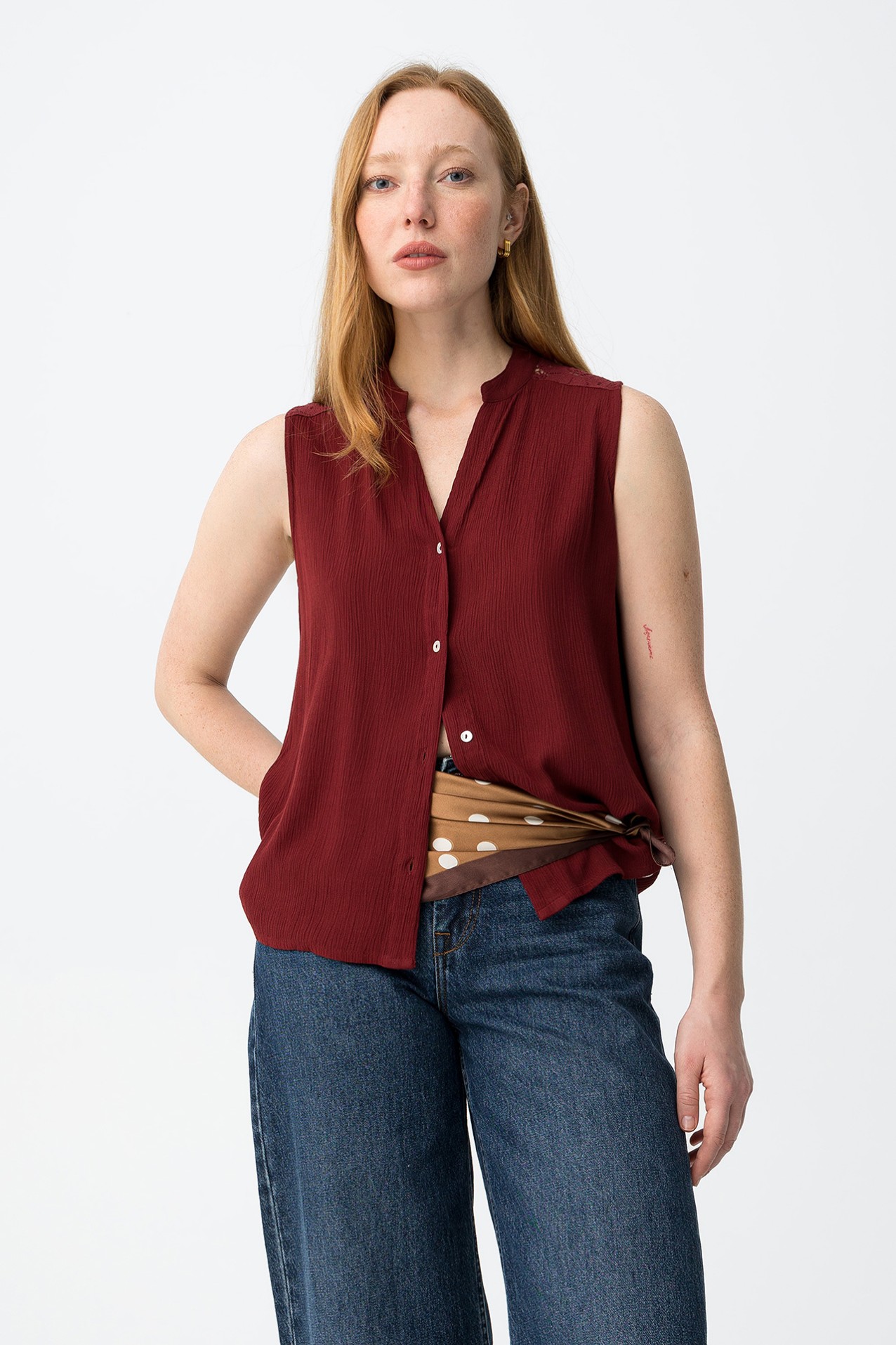Wine Sleeveless Button Top - 10065170_519 - Tiffosi