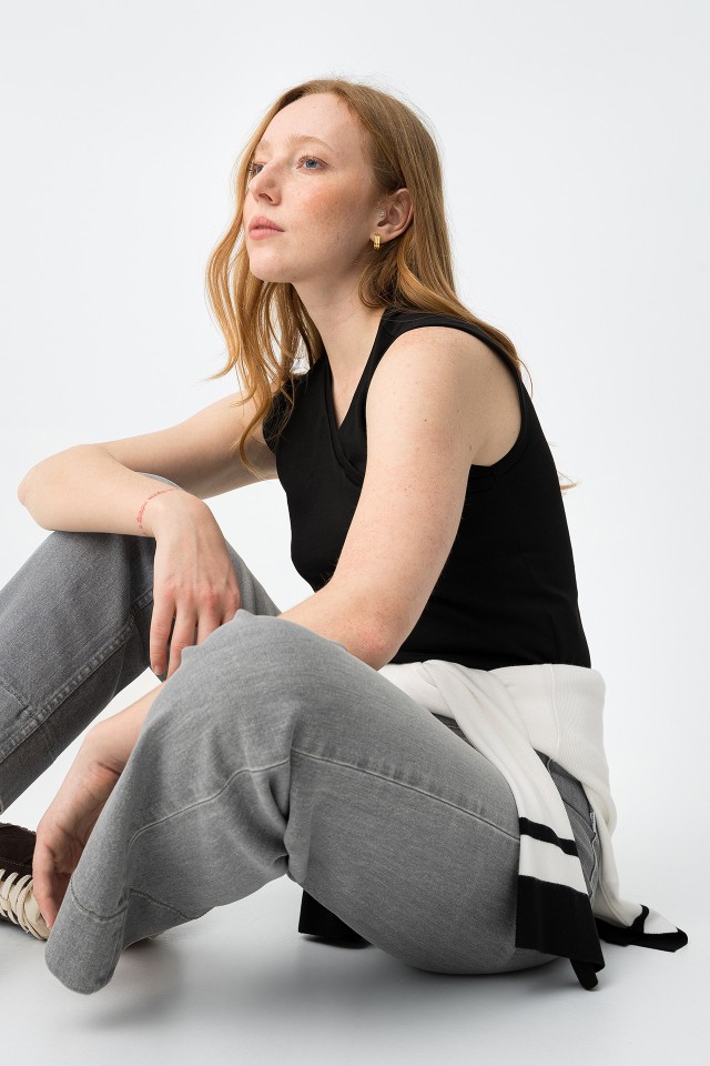 Black Slim V-Neck Top