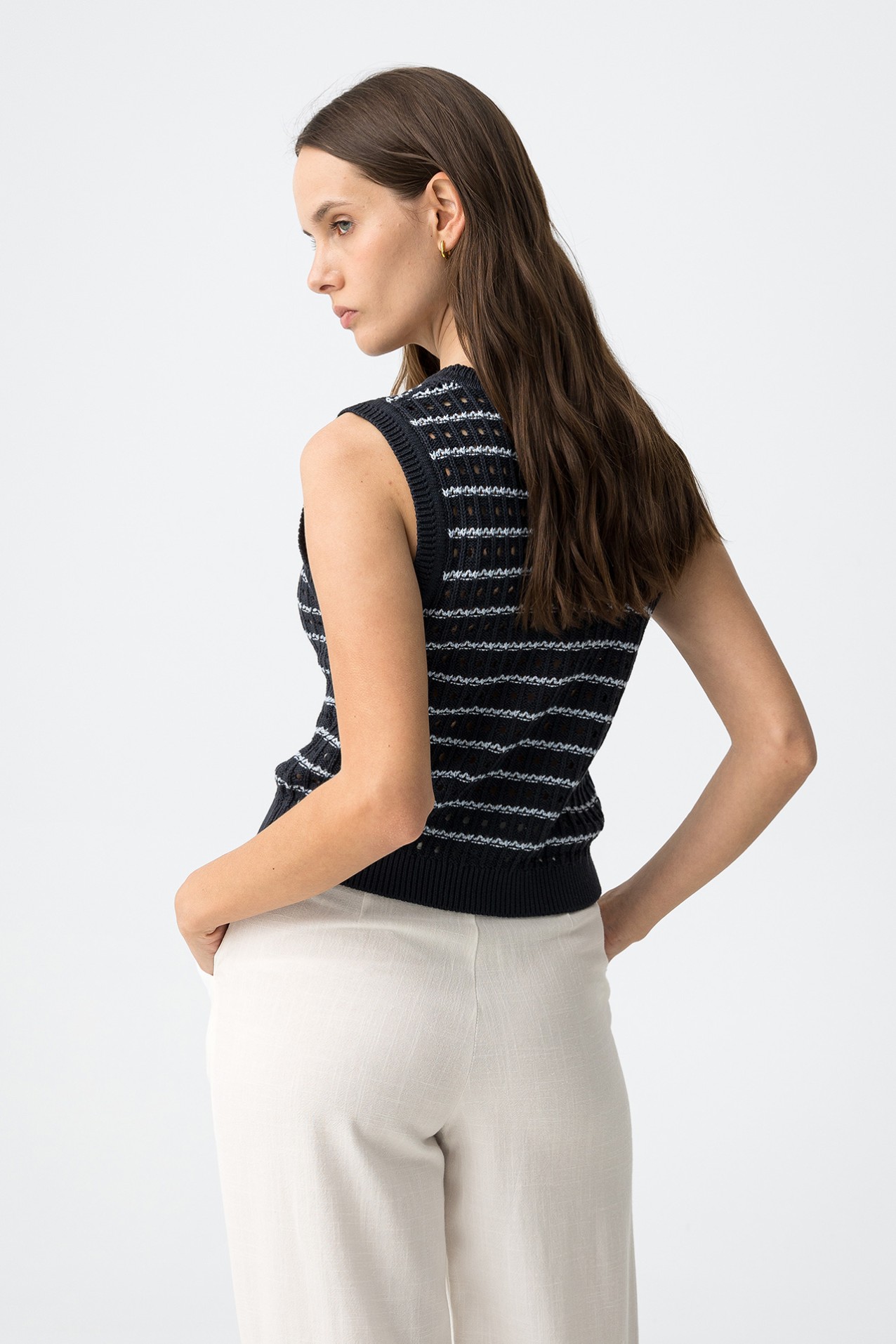 Navy Blue Cropped Knit Top - 10065418_798 - Tiffosi